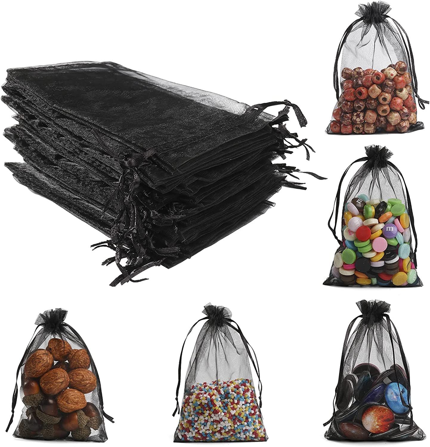 50PCS Black Organza Gift Bags 5x7 Inch - Small Drawstring Mesh Favor Bags for Wedding, Party, Candy & Jewelry - Sheer Organza Pouches for DIY, Bridal Shower, Baby Shower & Holiday Gifts