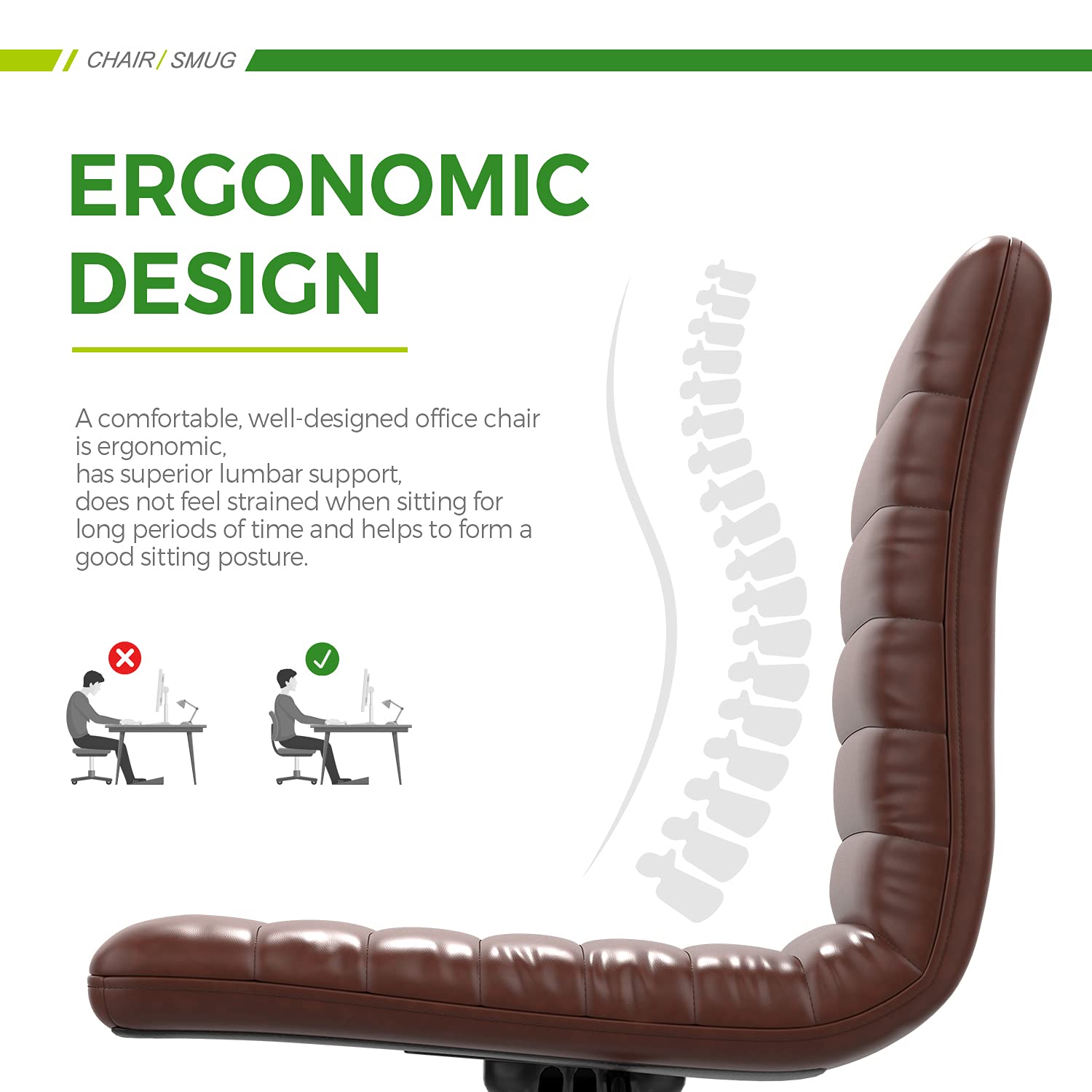 Ergonomic Armless Leather Swivel Office Chair - Mid Back Ribbed Task Chair for Home & Office - Adjustable White Desk Chair for Adults & Kids - Perfect for Workstations, Vanity Desks & Study Areas (Brown)