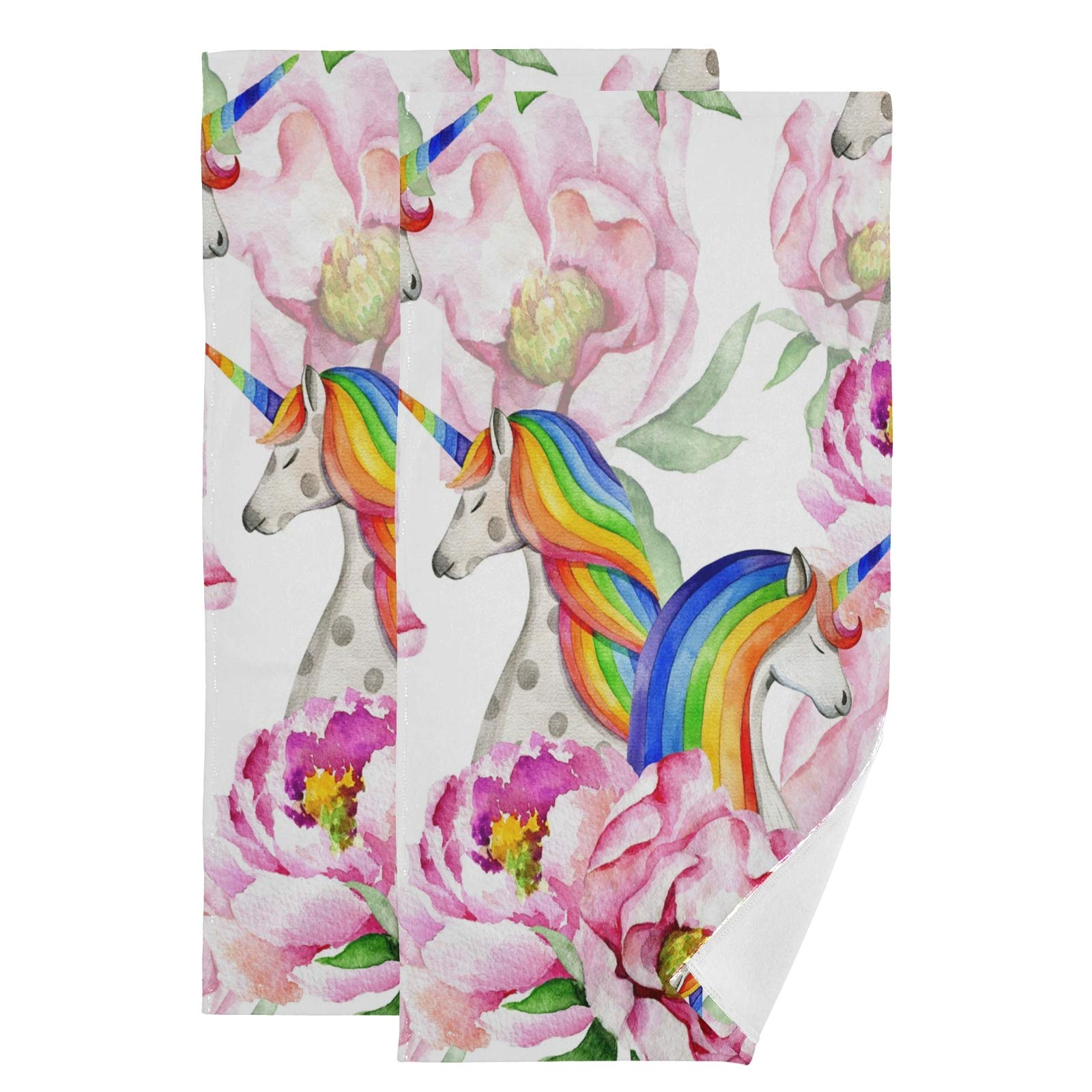 Unicorn & Pink Floral Watercolor Hand Towel Set of 2 - 100% Cotton Bath Towels for Bathroom, Beach, Travel & Sports - Soft Absorbent Towels for Kids & Adults