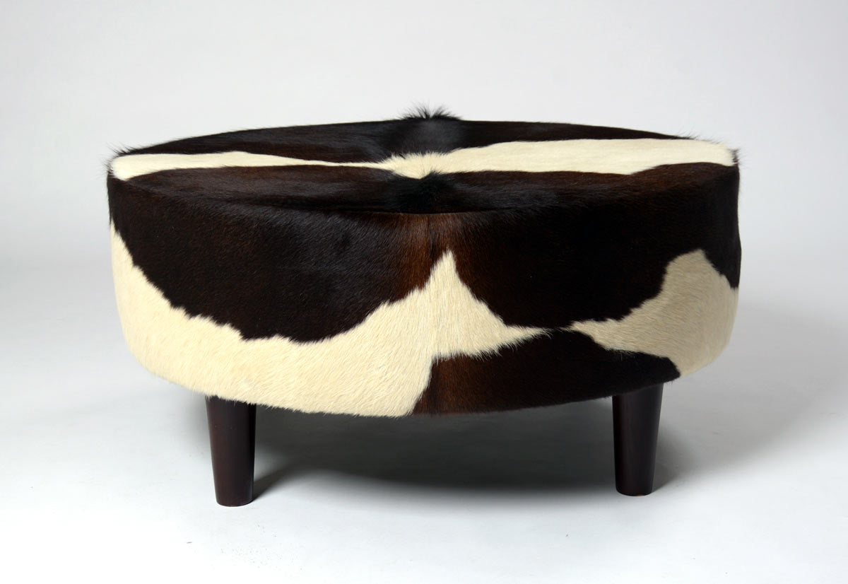 Premium Round Cowhide Ottoman with Wooden Legs - 32