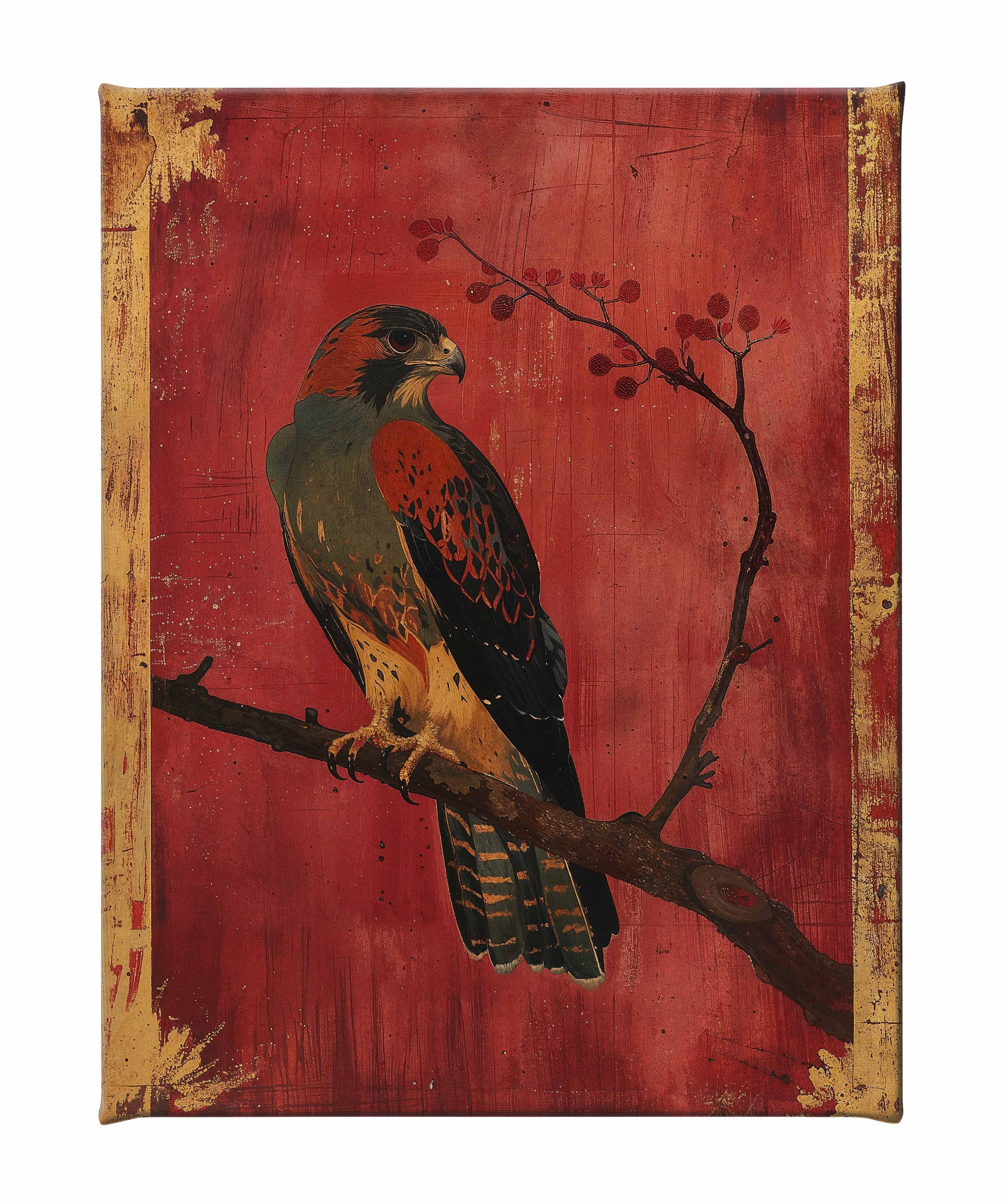 Crimson Majesty Falcon of the Silk Road Wall Art - Handmade Gallery Wrapped Canvas Painting for Living Room, Bedroom & Office Decor
