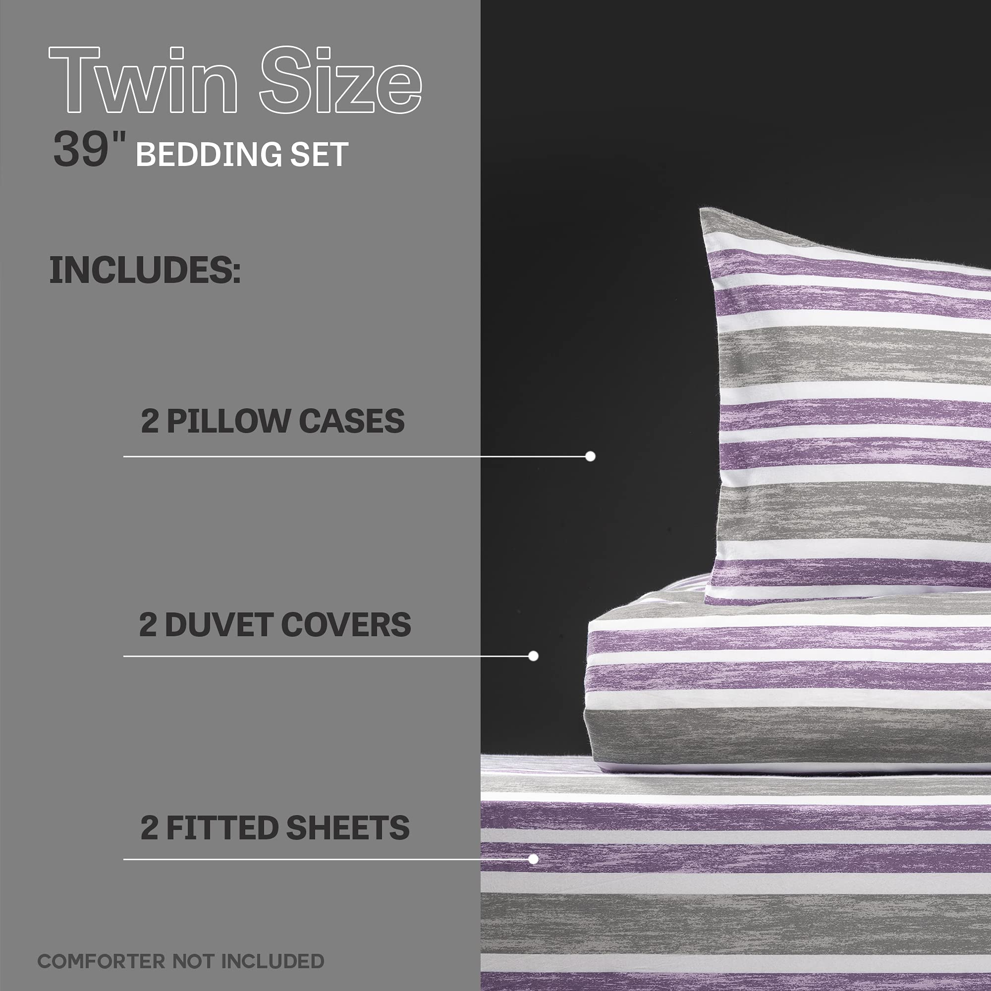 XLNT Twin Size Bedding Set - 6 Piece Duvet Cover, Comforter Cover, Bed Sheet & Pillowcases | Soft Cotton Blend | Machine Washable | Cabana Stripe Lilac Design | Perfect for Kids Rooms, Guest Beds & Dorm Decor