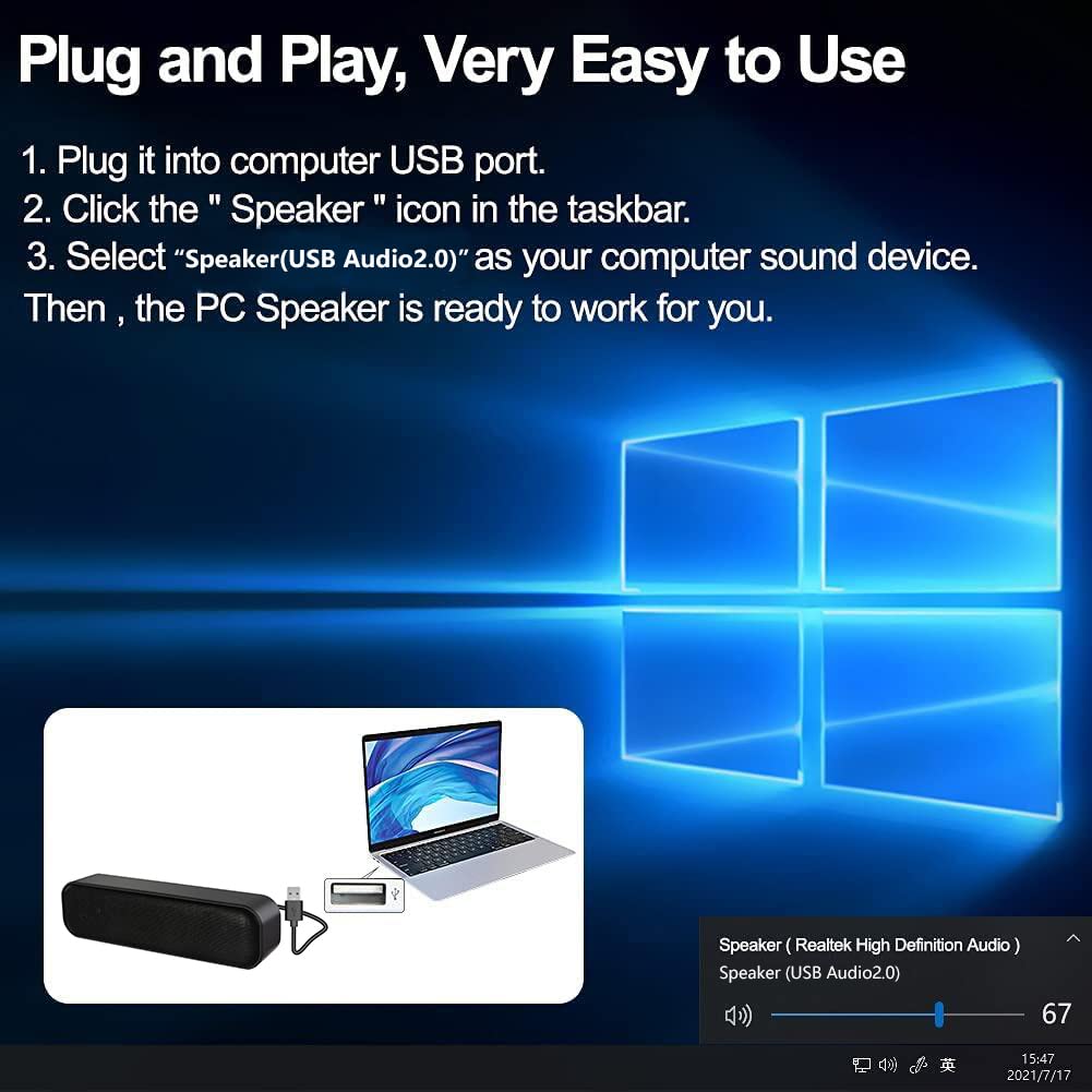 ZETIY USB Computer Speaker - Mini Soundbar for PC & Mac, Plug & Play for Home/Office