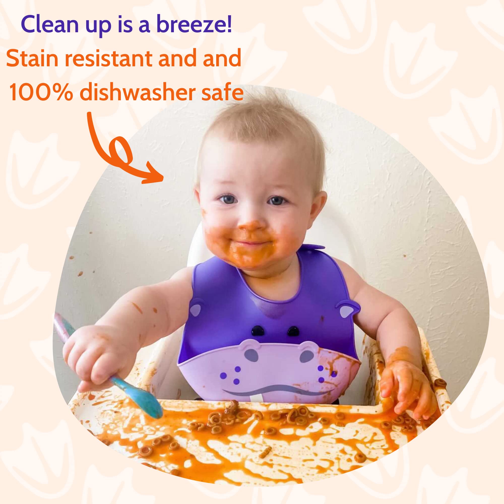 Silly Goose 2-Pack Waterproof Silicone Baby Bibs for Infants & Toddlers - Adjustable, Soft, Extra Wide Food Catcher Pocket (Hippo + Bear) - Perfect for Messy Mealtime, Feeding, and Dining Out