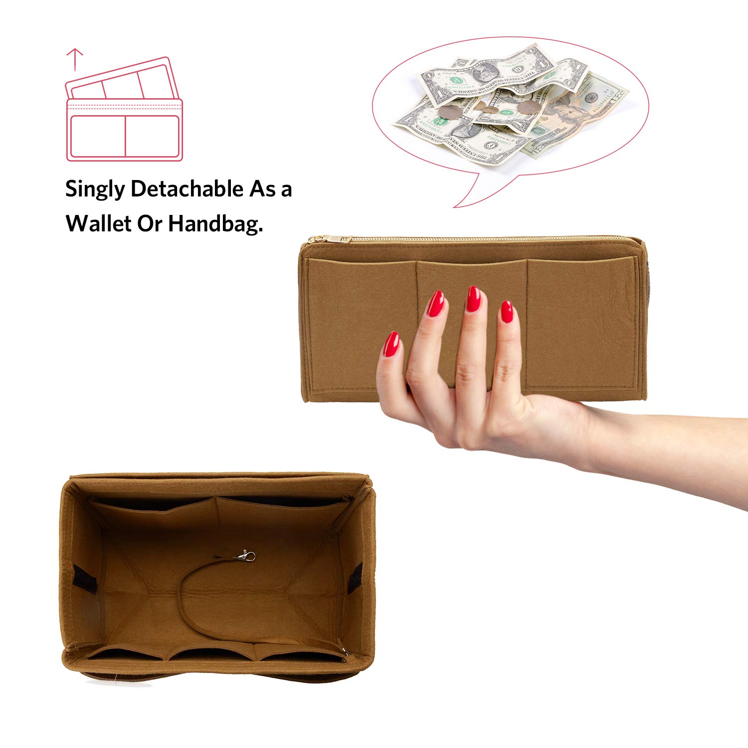 Premium Felt Purse Organizer Insert with Metal Zipper - 7 Colors & 5 Sizes for Louis Vuitton Speedy, Neverfull, Tote Bags & Handbags | Keep Essentials Organized On-The-Go