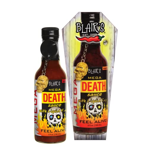 Blair's Mega Death Hot Sauce with Liquid Fury & Skull Keychain - 5oz Ultra Spicy Ghost Pepper Sauce for Cooking, Grilling & Gifting - Perfect for Hot Sauce Lovers & Chili Enthusiasts