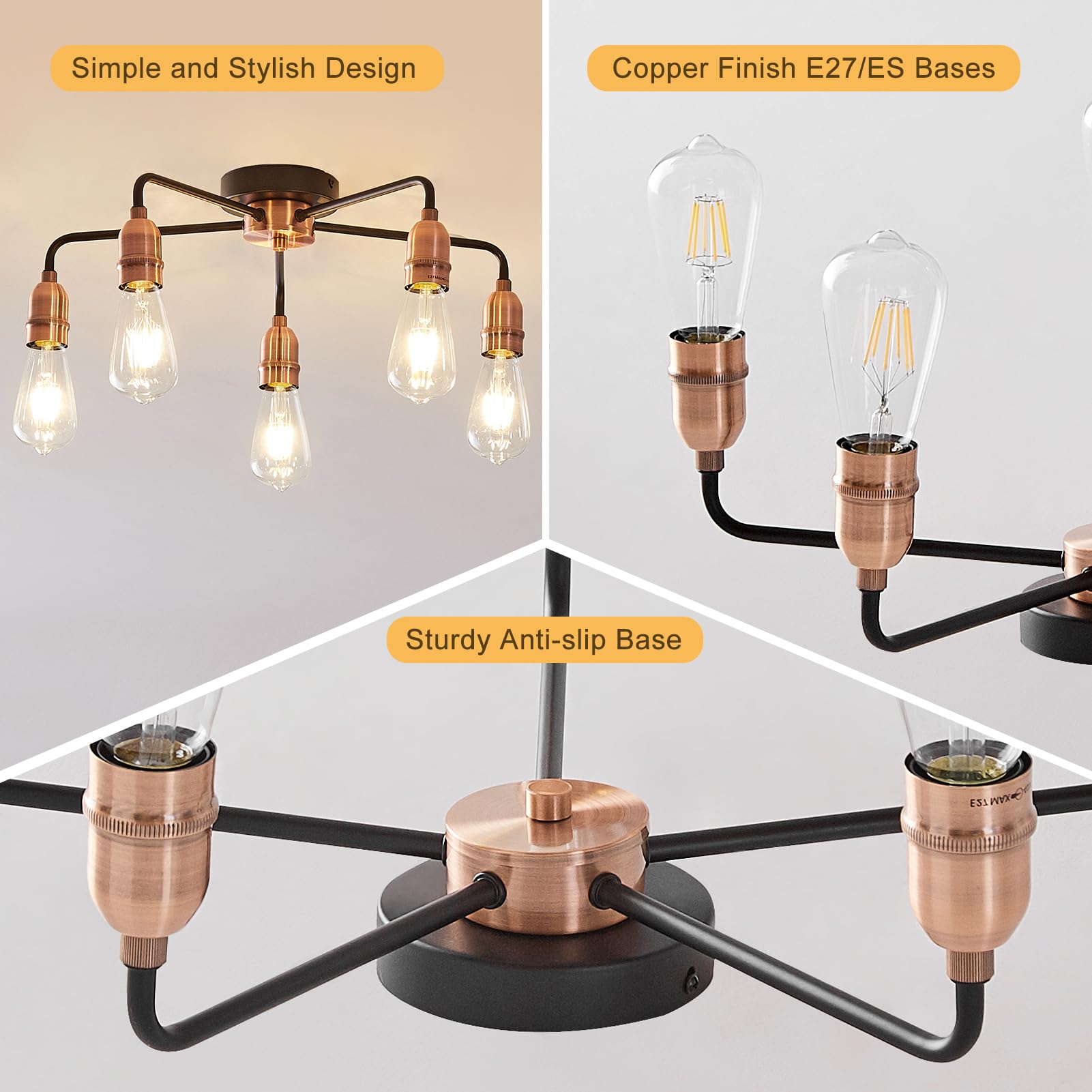 HARPER LIVING E27/ES Semi-Flush Ceiling Light Fixture - Black with Matte Silver Finish, LED Compatible for Energy Saving - Perfect for Living Room, Bedroom, Kitchen, Hallway, Hotel & B&B Lighting - 5-Light Modern Ceiling Lamp for Home & Commercial Spaces (Black & Copper)