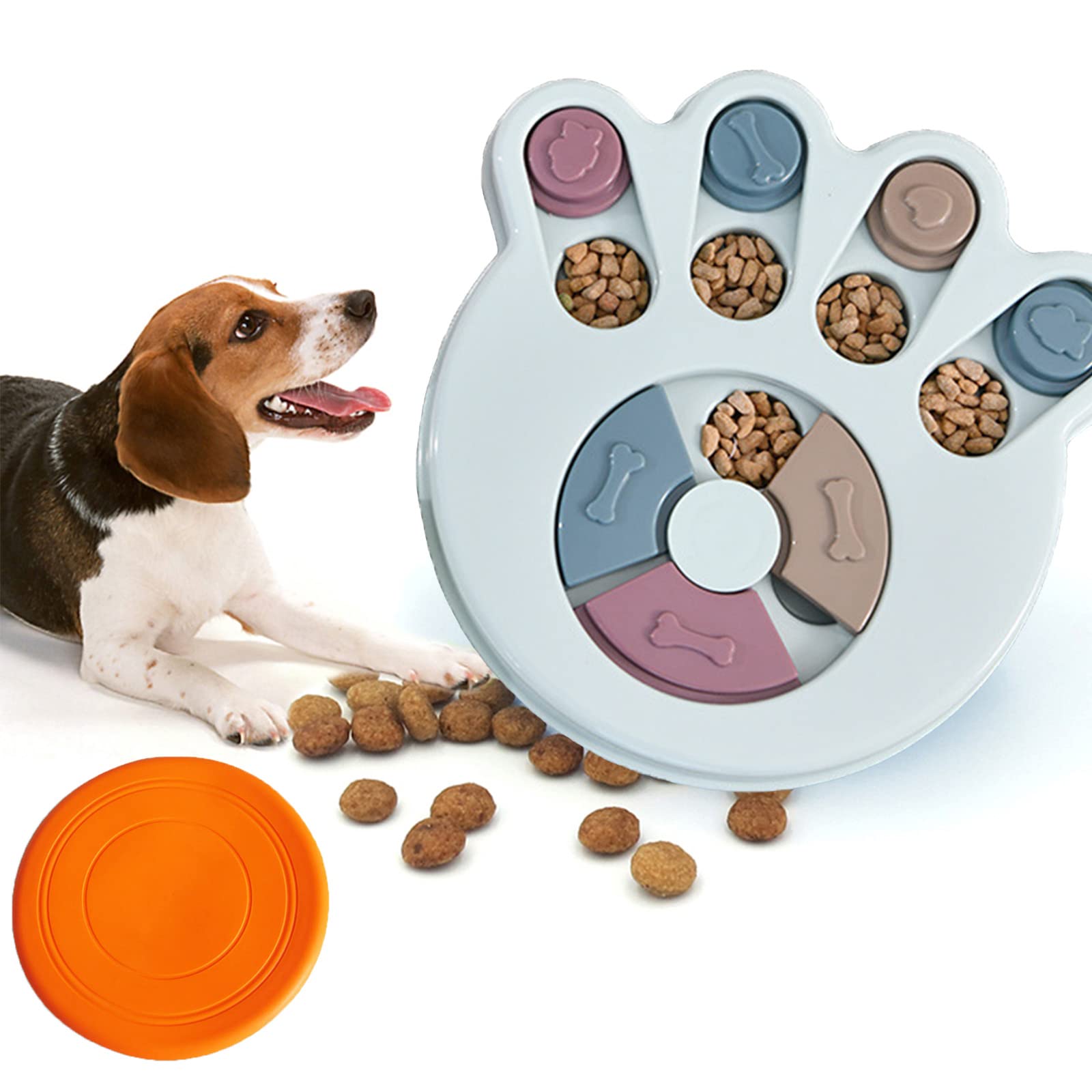 Interactive Dog Puzzle Toys & Flying Turntable Set - Slow Feeder for Digestion, Training Treat Dispenser - Reduce Puppy Boredom & Anxiety (Blue Paw Print) - Perfect for Mealtime Enrichment & Mental Stimulation