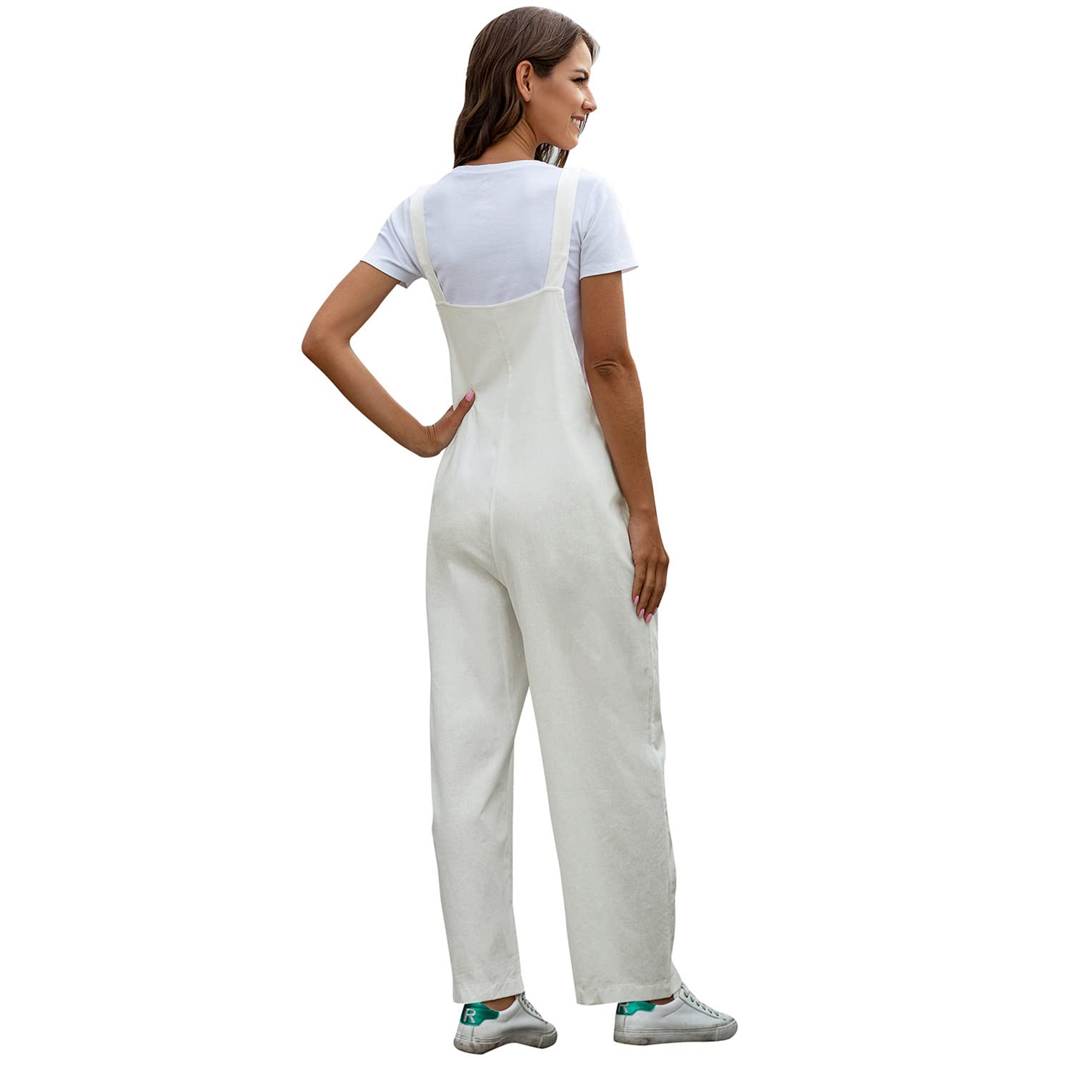 Women's Adjustable Strap Cotton Romper Jumpsuit - Summer Casual Loose Fit Overalls with Pockets, Long Bib & Wide Leg Pants | Perfect for Beach Outings, Picnics, and Everyday Wear