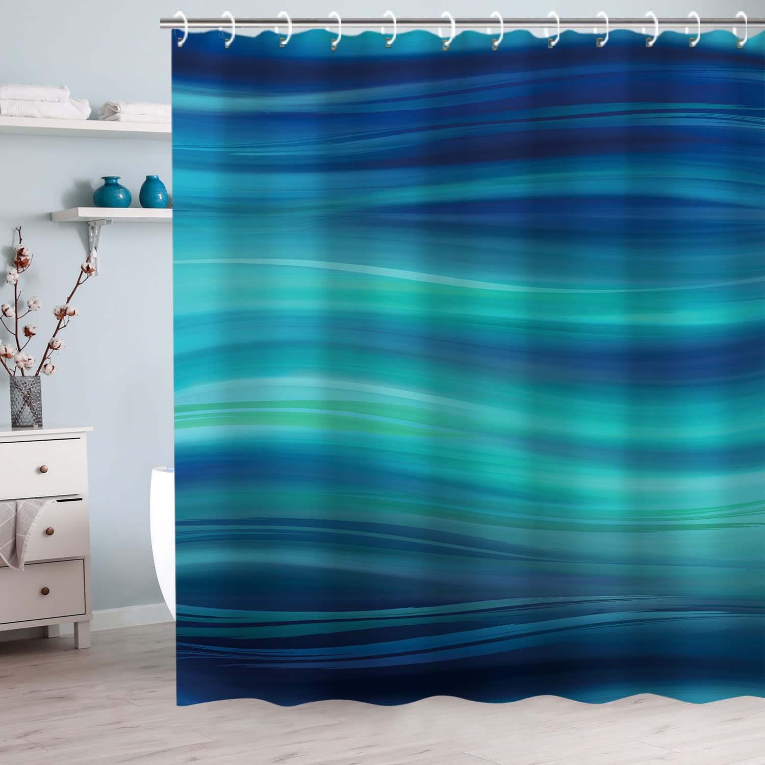 RosieLily Blue Marble Abstract Shower Curtain Set - Waterproof Bathroom Decor with 12 Hooks, 72x72 Inches (Teal & Navy Ombre Stripes) - Perfect for Modern, Coastal, or Boho Style Bathrooms