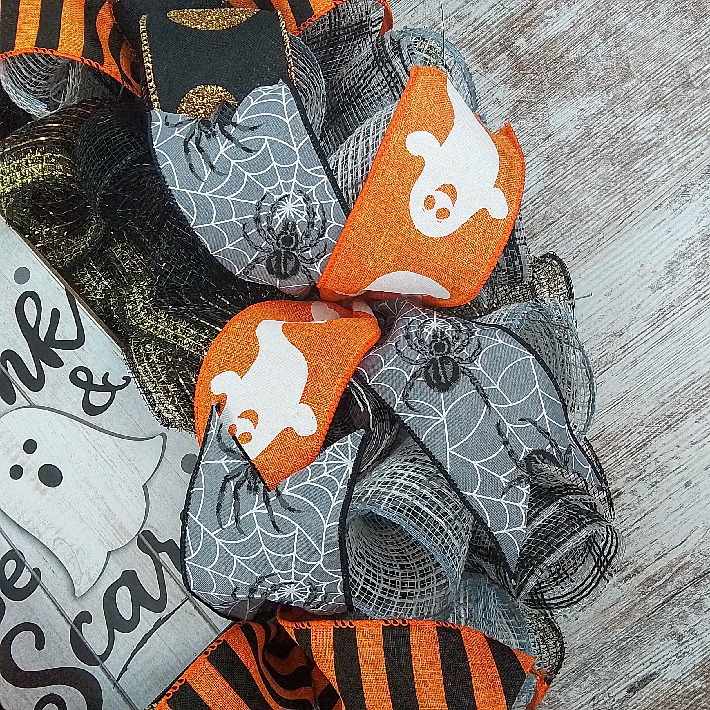 Spooky Halloween Mesh Wreath for Front Door - Black, White, Gold & Orange Ghost Decor | Perfect for Halloween Party Decorations & Haunted House Themes