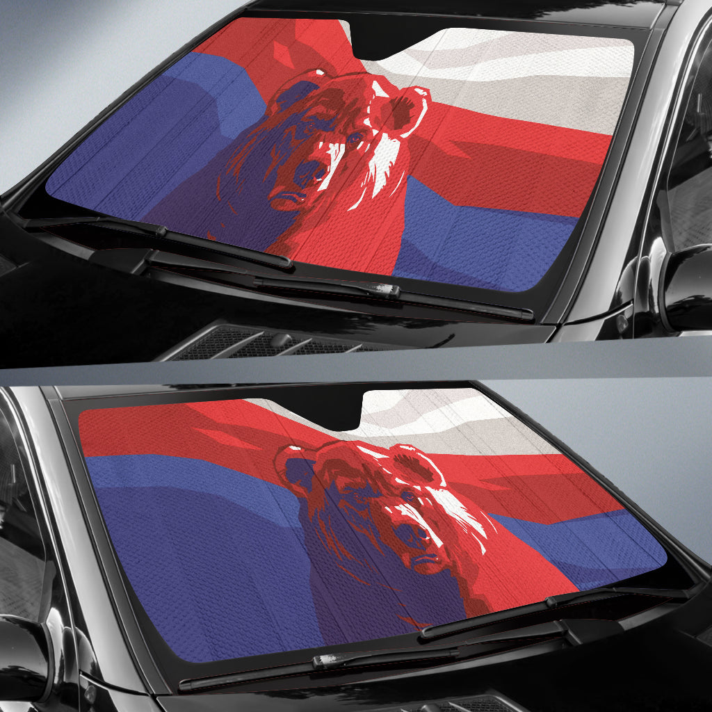 Bear Russia Flag Printed Car Sun Shade for Windshield - UV Protection & Heat Blocking - Perfect for Summer, Travel, and Outdoor Parking