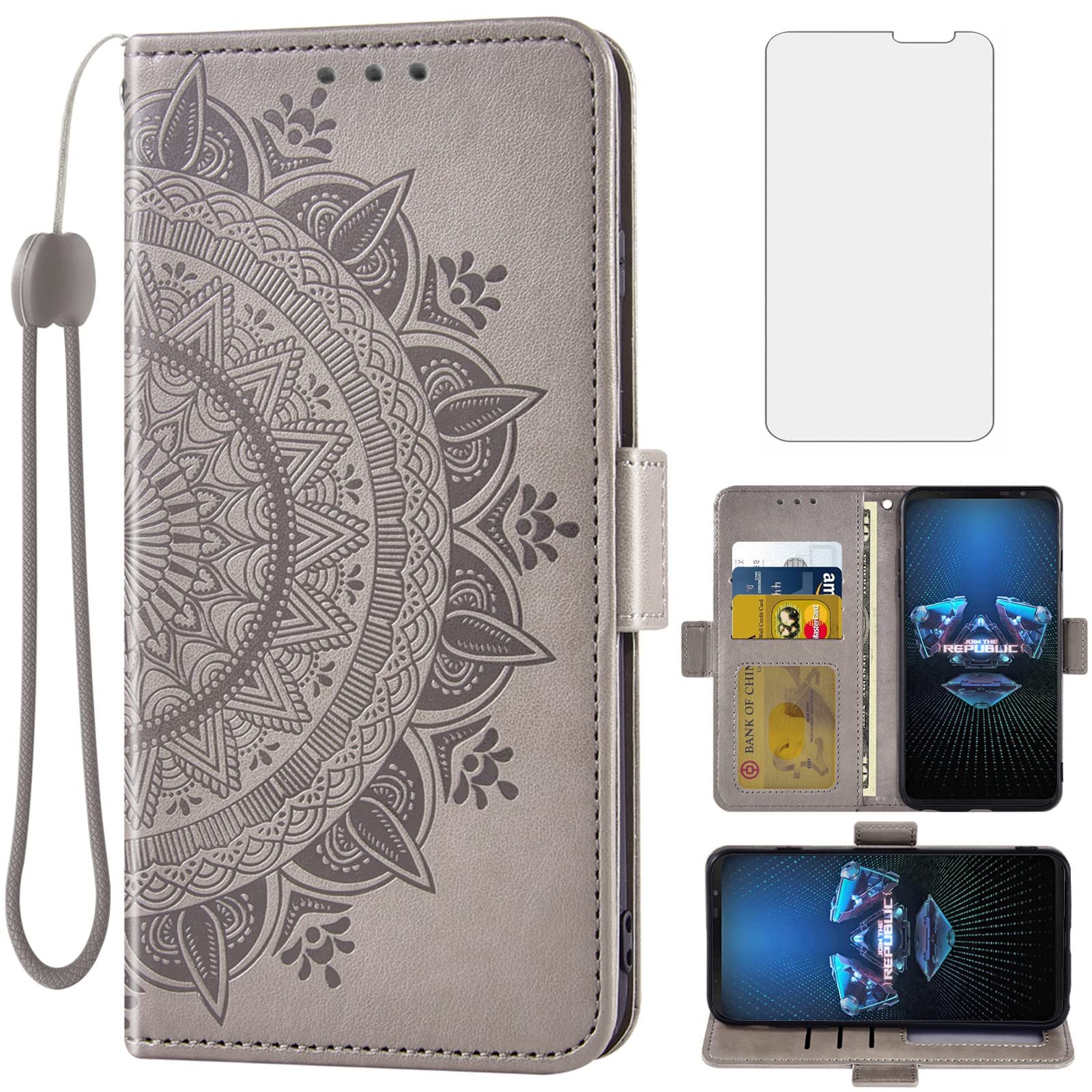 ASUS ROG Phone 5/5s Series Wallet Case with Tempered Glass Screen Protector, Card Holder & Wrist Strap - Premium Flip Cover for ROG Phone 5/5 Pro/5s/5s Pro/5 Ultimate (Grey) - Perfect for Gaming, Travel & Everyday Protection