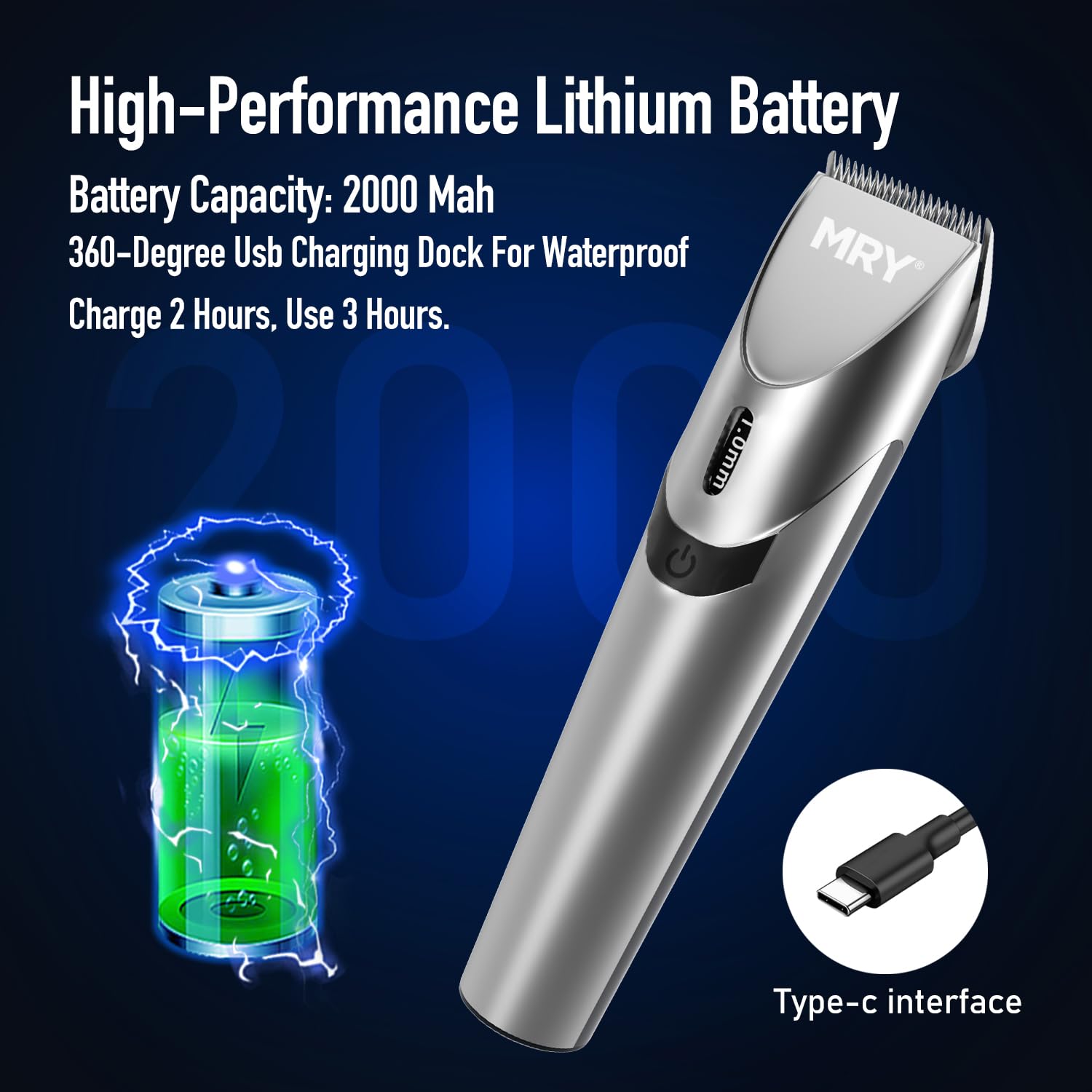 Professional Cordless Hair Clippers for Men & Women - MRY Barber Clippers with Stainless Steel Blades, Waterproof Design & LCD Display, USB Rechargeable Trimmer for Home Haircuts (Silver) - Perfect for DIY Haircuts, Beard Trimming & Grooming at Home or Salon Use
