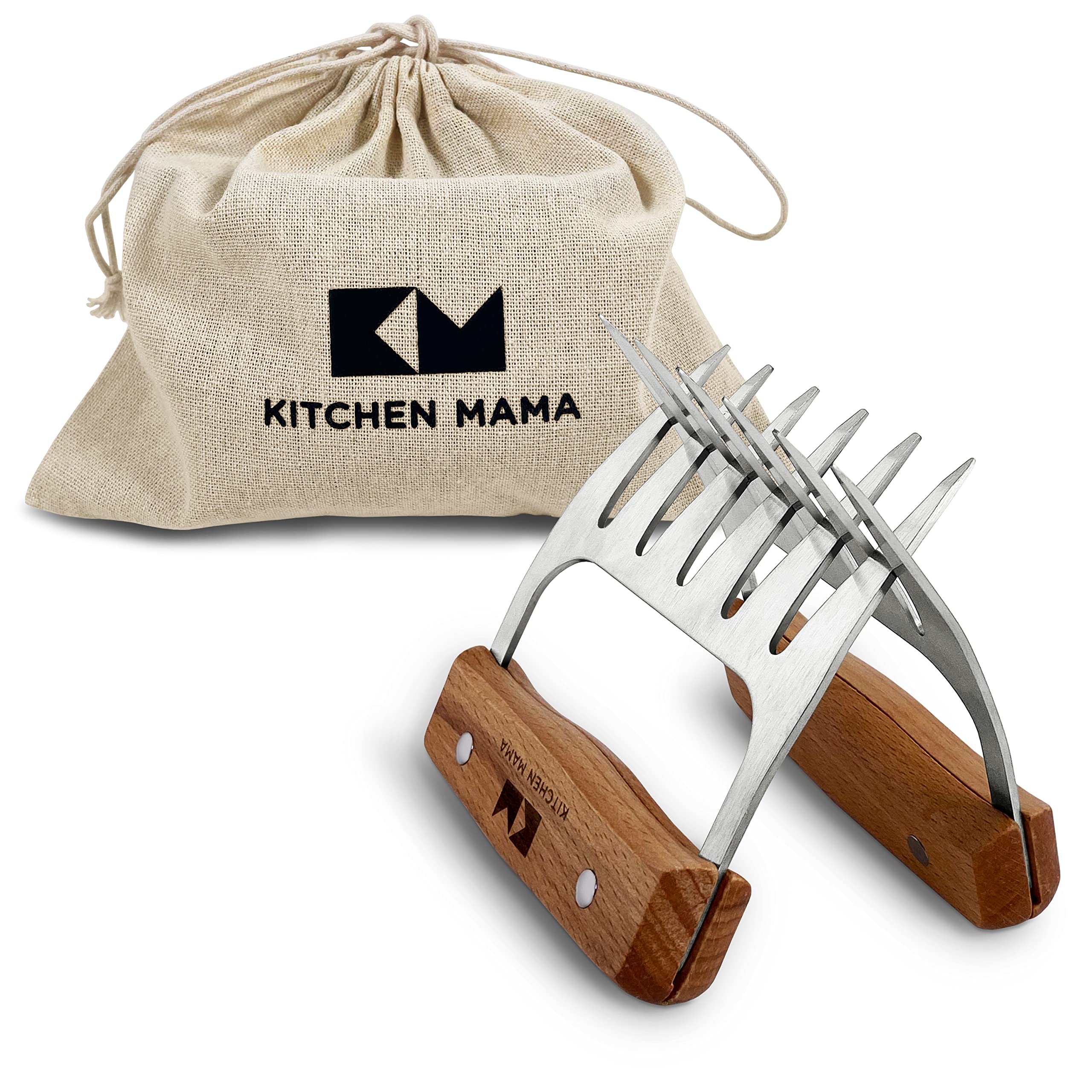 Kitchen Mama Meat Claws - Premium Stainless Steel Shredding Tools with Ergonomic Wooden Handle for BBQ, Pulled Pork, Chicken, Beef & Turkey | Ideal for Grilling, Smoking & Food Prep | Perfect Gift for Grill Masters & Home Chefs (1 Pair)