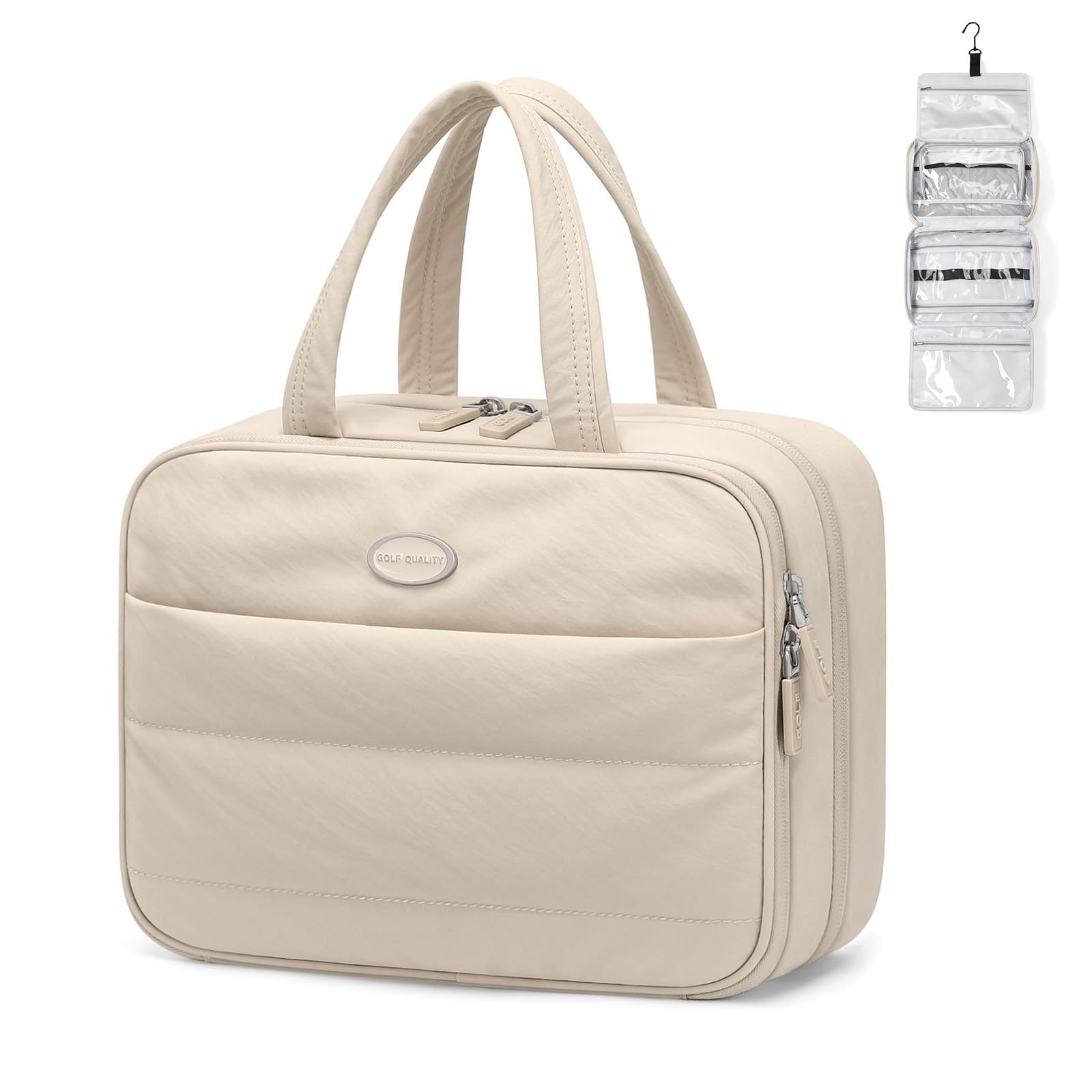 Hanging Travel Toiletry Bag with Jewelry Organizer - Puffy Cosmetic Makeup Bag for Carry-on Essentials & Toiletries (Apricot) - Perfect for Airplane Trips, Camping & Business Travel