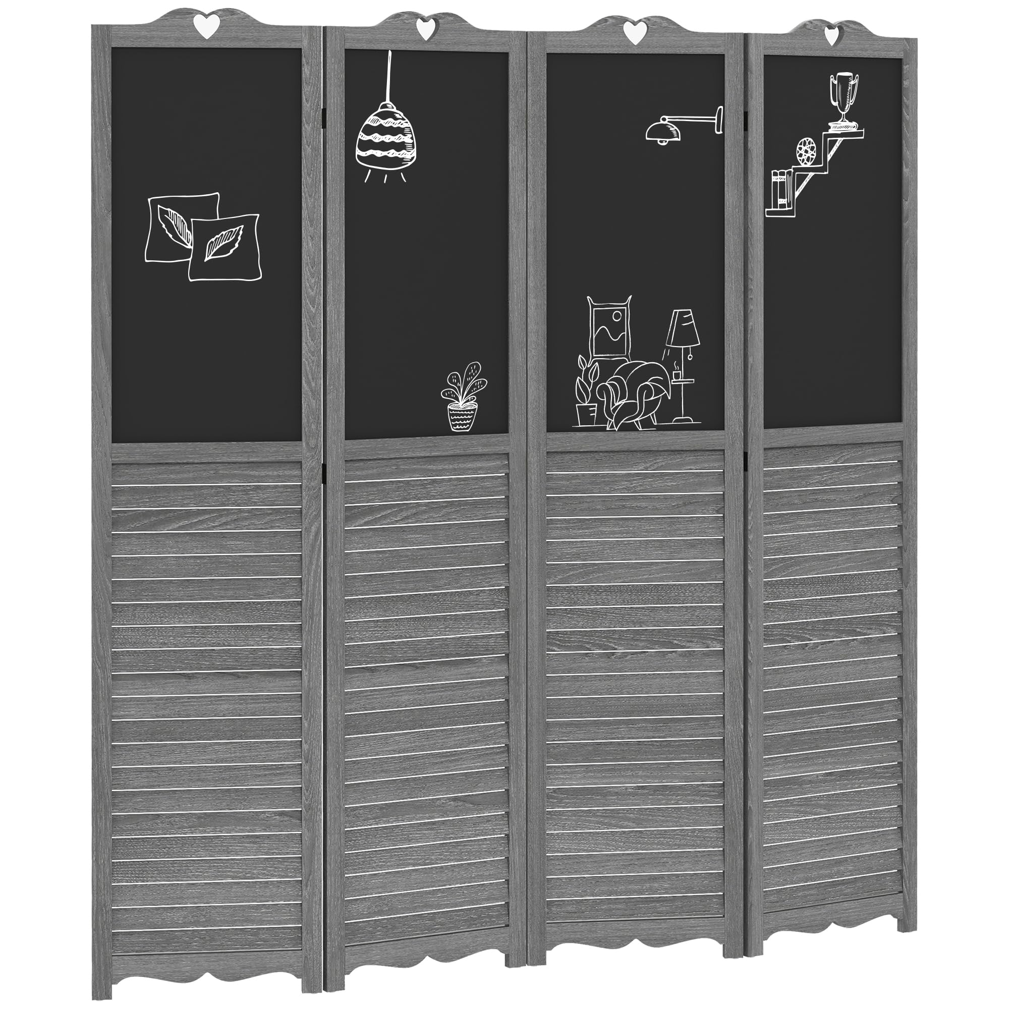 HOMCOM 4-Panel Folding Room Divider with Blackboard - 5.5 Ft Tall Freestanding Privacy Screen for Bedroom, Office, or Classroom - Gray - Perfect for Space Partition, Home Decor, and Creative Writing Surfaces