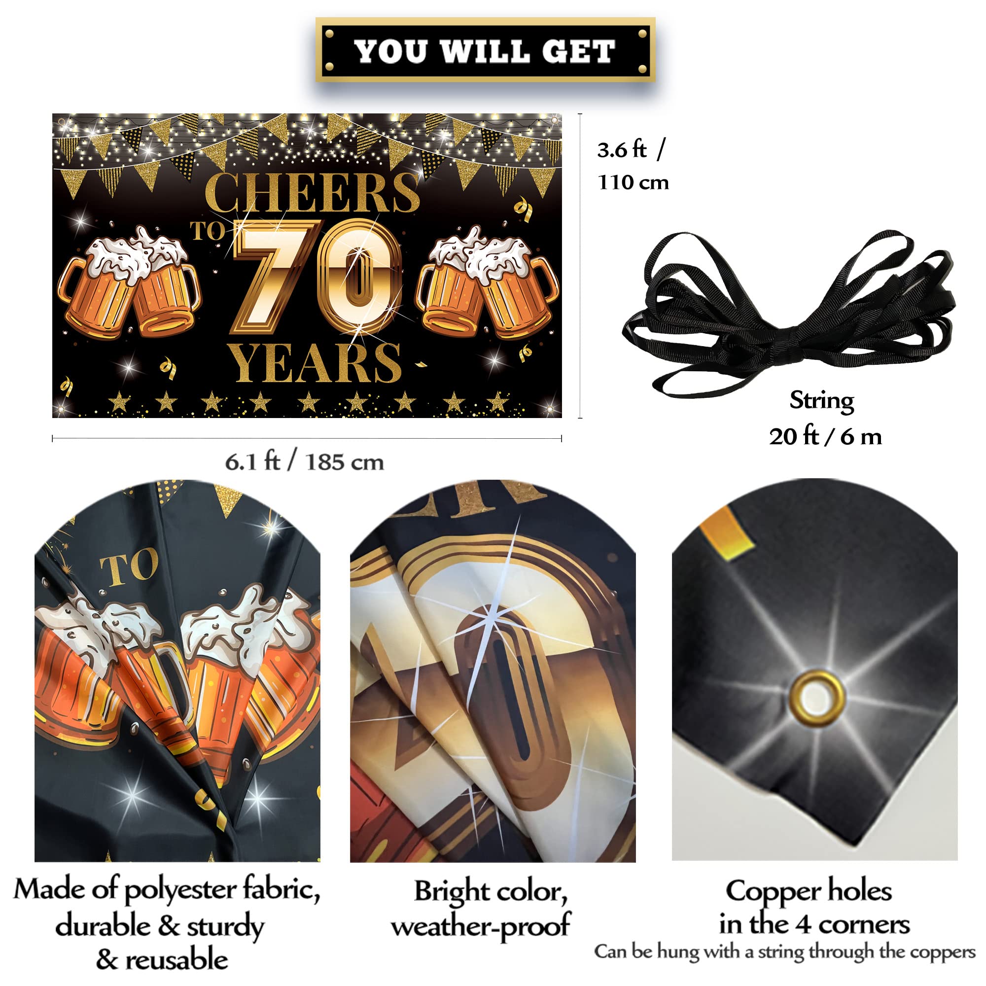 70th Birthday Decorations Banner - Cheers to 70 Years Party Sign for Men & Women | Black Gold Backdrop & Photo Props | Indoor/Outdoor Large Celebration Decor | Perfect for Milestone Parties, Retirement Celebrations & Family Gatherings
