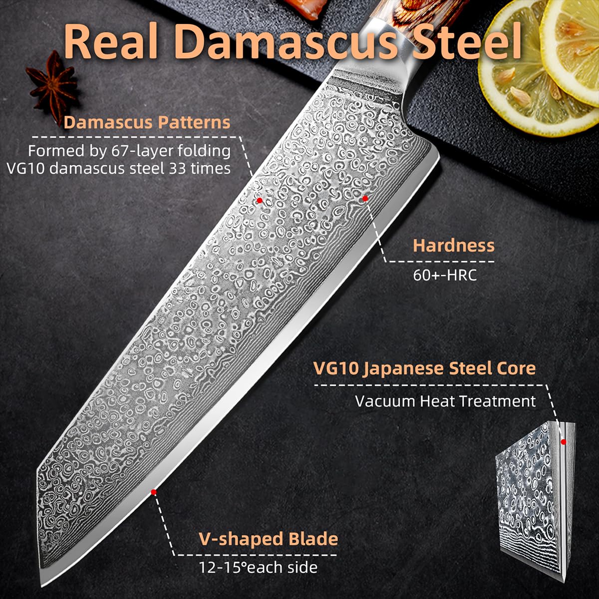 Ompusos 8 Inch Chef Knife - Ultra Sharp Japanese Damascus Kitchen Knife with VG-10 High Carbon Stainless Steel Blade & Ergonomic Wooden Handle - Perfect for Home Cooking, Professional Chefs, and Restaurant Use - Comes in Elegant Gift Box
