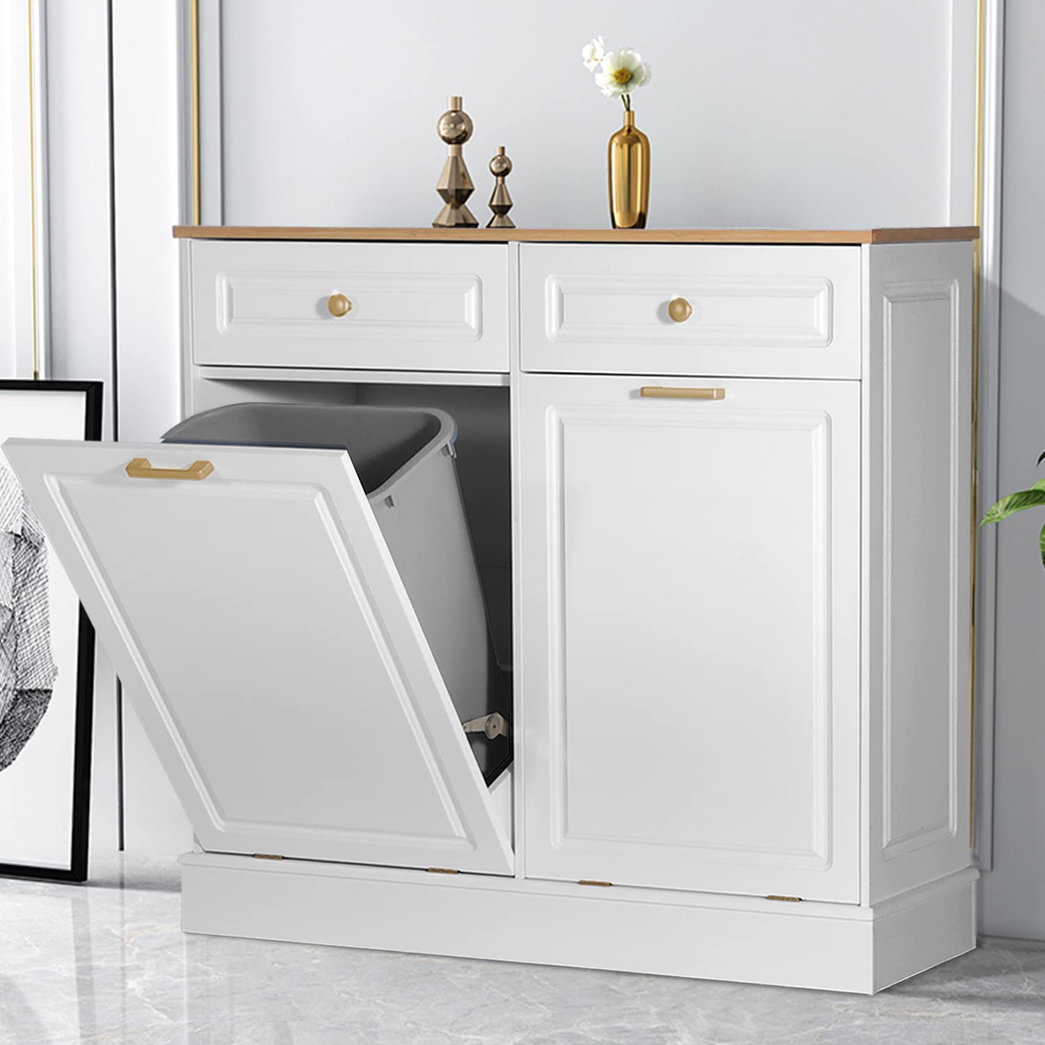 Anbuy Double Kitchen Trash Cabinet - Dual Tilt Out Design with 2 Wood Hideaway Holder Drawers, Freestanding Recycling Bin Organizer (Upgrade White) - Perfect for Small Kitchens, Pantries & Eco-Friendly Homes
