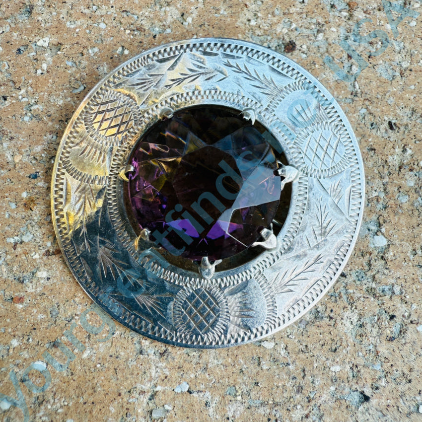 Vintage British Scottish Sterling Silver Thistle Brooch with Purple Stone - Elegant Celtic Jewelry for Women, Perfect for Weddings, Parties & Special Occasions