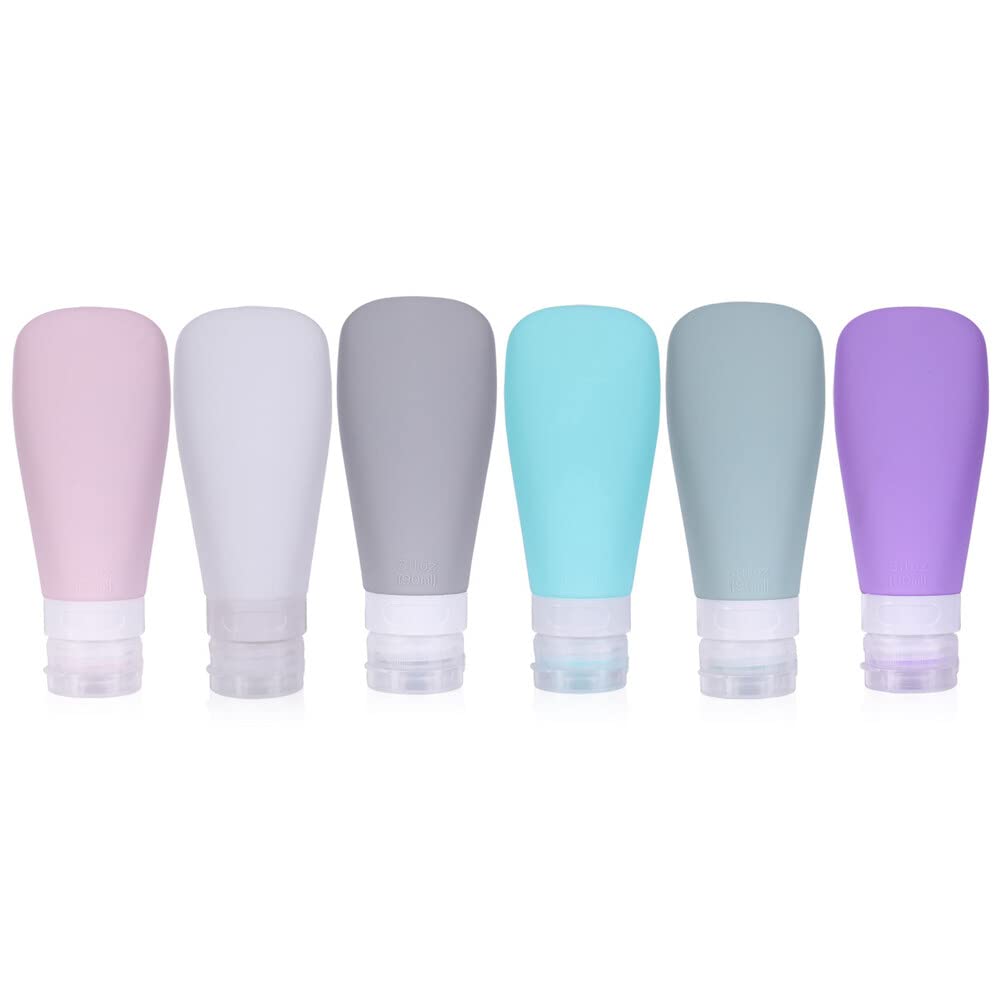 6-Piece 90ml Leak-Proof Silicone Travel Bottles Set - Refillable Empty Travel Size Containers for Shampoo, Cream, Conditioner & Body Care - Perfect for Air Travel, Gym, Camping & Vacation Essentials