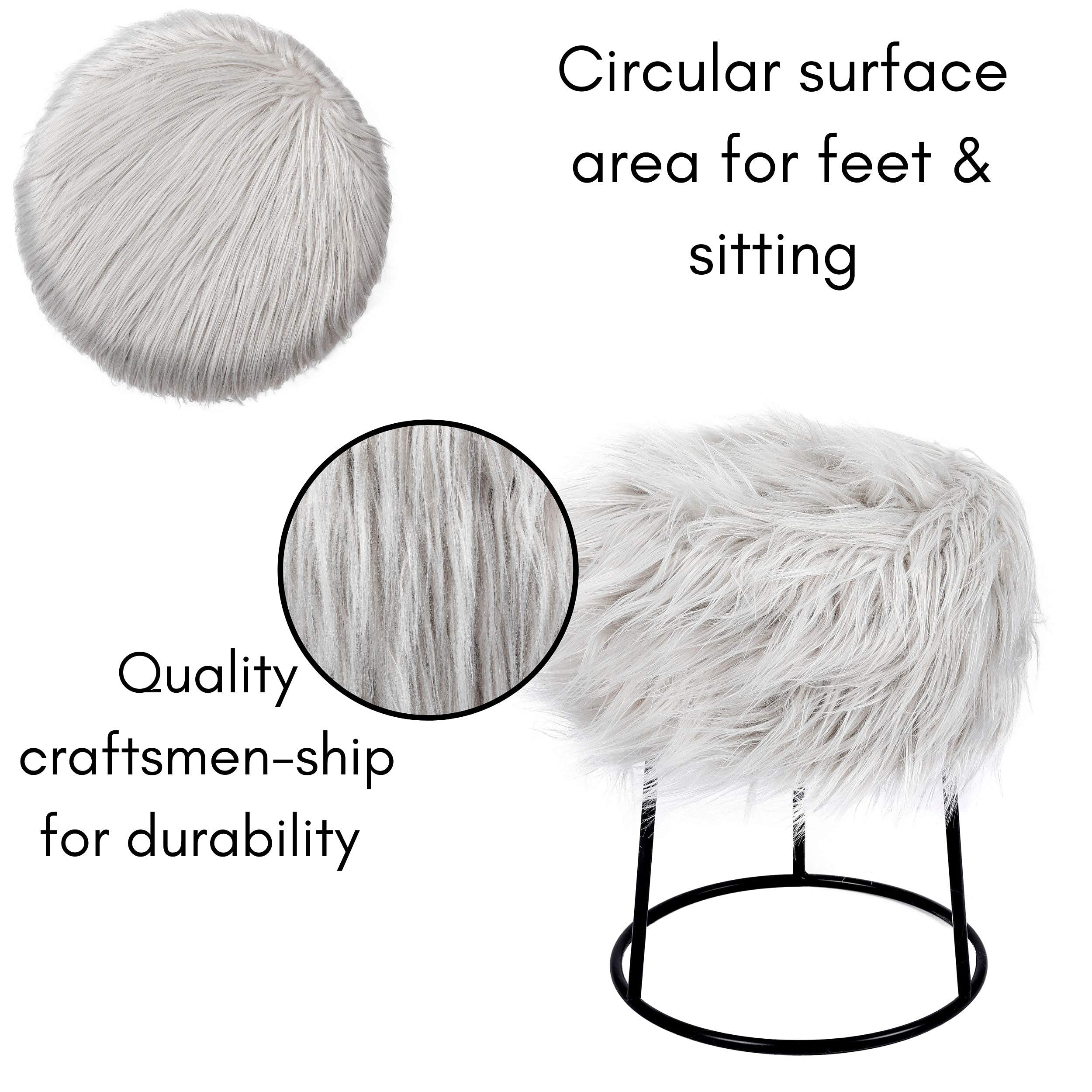 BIRDROCK HOME Round Faux Fur Vanity Stool with Storage - Fluffy Makeup Chair with Metal Legs - Soft Padded Footrest for Bedroom, Dressing Table & Closet Organization - Compact Stylish Grey Seat with Silver Legs - Perfect for Vanity Makeup, Bedroom Decor & Small Space Storage Solutions
