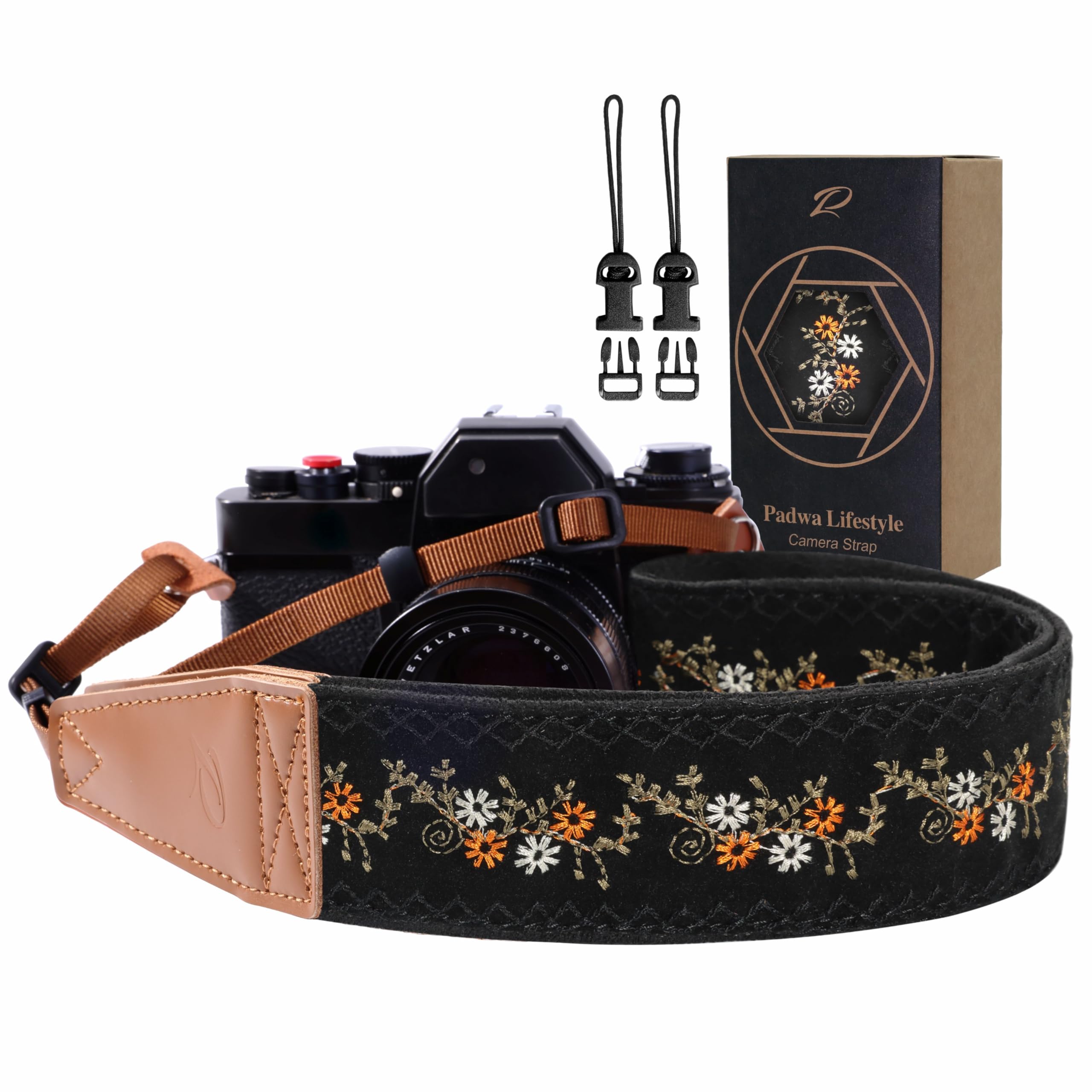Padwa Lifestyle Camera Strap - 2 Inch Wide Full Grain Leather Camera Neck Strap with Vintage Embroidered Cotton Weave & Soft Suede Padding, Quick Release Buckle for DSLR, Mirrorless & Film Cameras - Perfect for Travel, Wedding & Street Photography