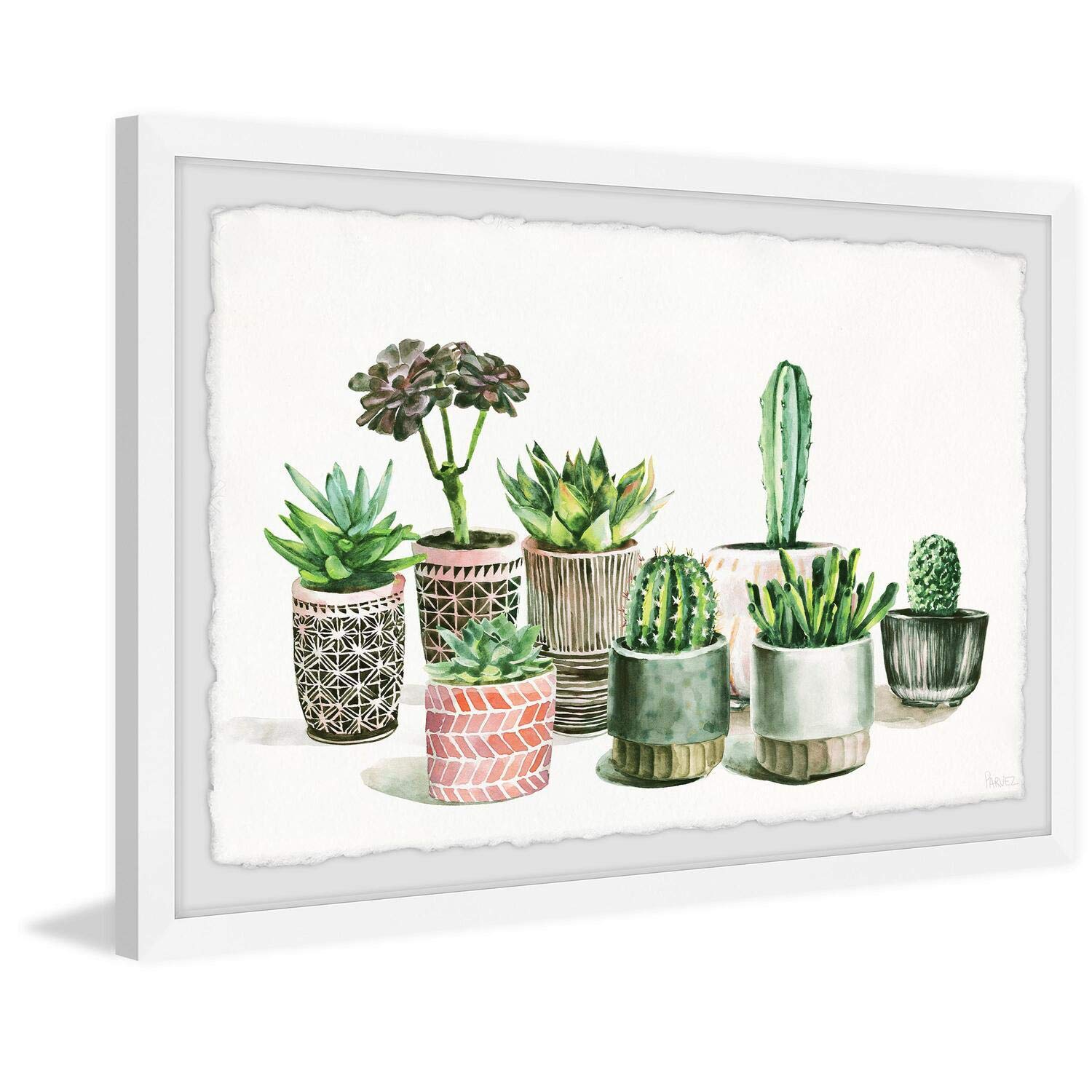 Parvez Taj Patterned Pots Cactus Framed Wall Art Print 30x20 Inches - Boho Home Decor for Living Room, Bedroom & Office