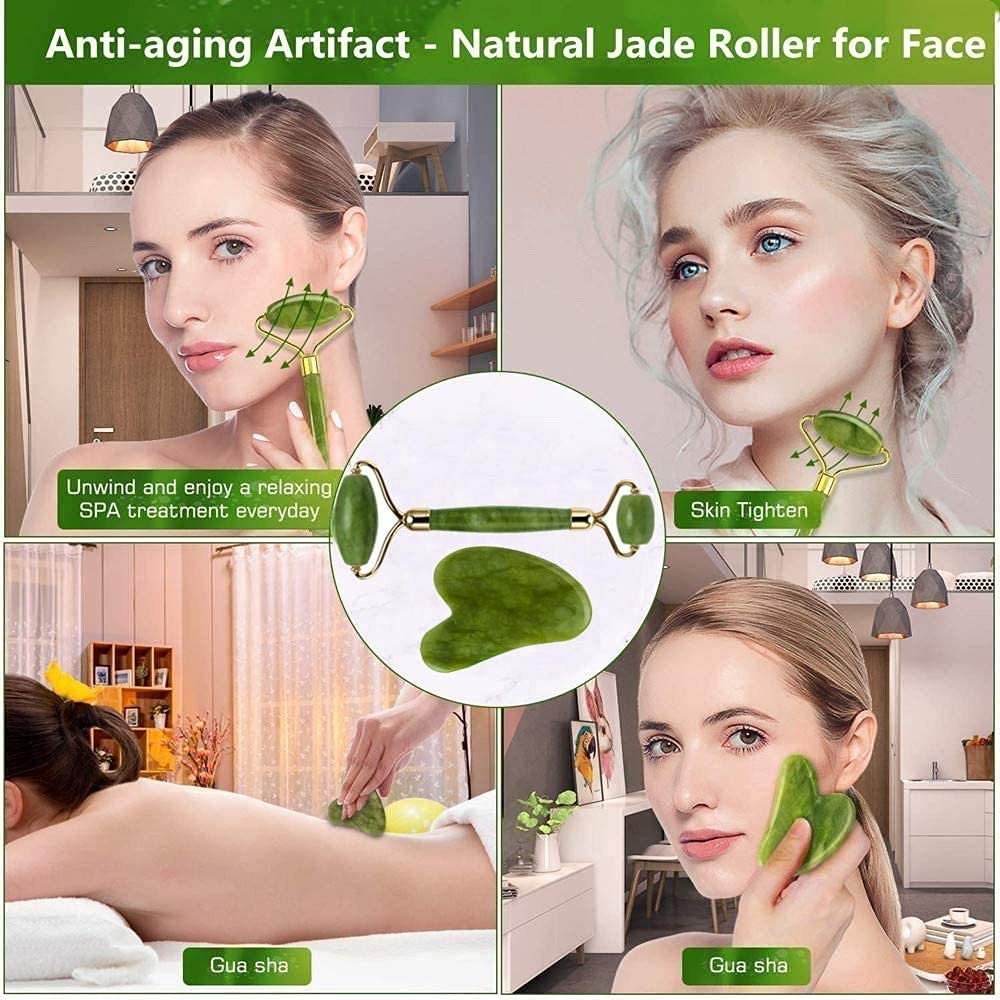 Premium Jade Roller & Gua Sha Set - Natural Facial Massage Tools for Skin Care, Anti-Aging, Wrinkle Reduction - Relaxing Face, Eye & Neck Massager for Glowing Skin - Perfect for Daily Skincare Routine & Spa Day at Home