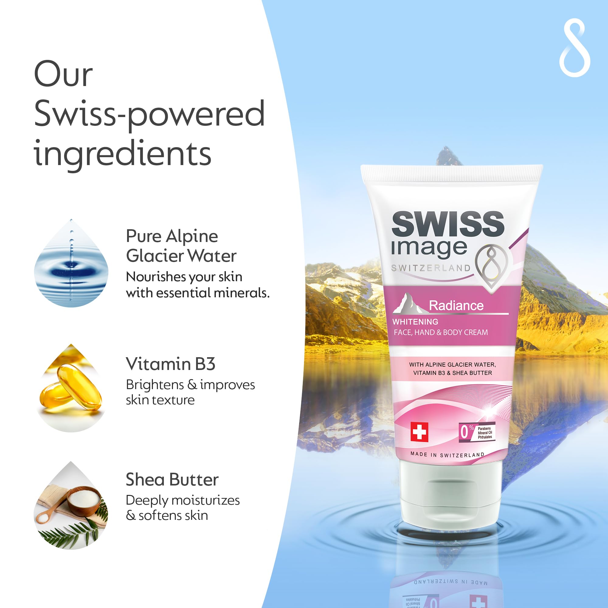 SWISSIMAGE Radiance Whitening Face, Hand & Body Cream - Natural & Effective Skin Brightening Moisturizer - Paraben-Free, No Mineral Oil or Phthalates - 75ml - Perfect for Daily Hydration & Glowing Skin Care Routine