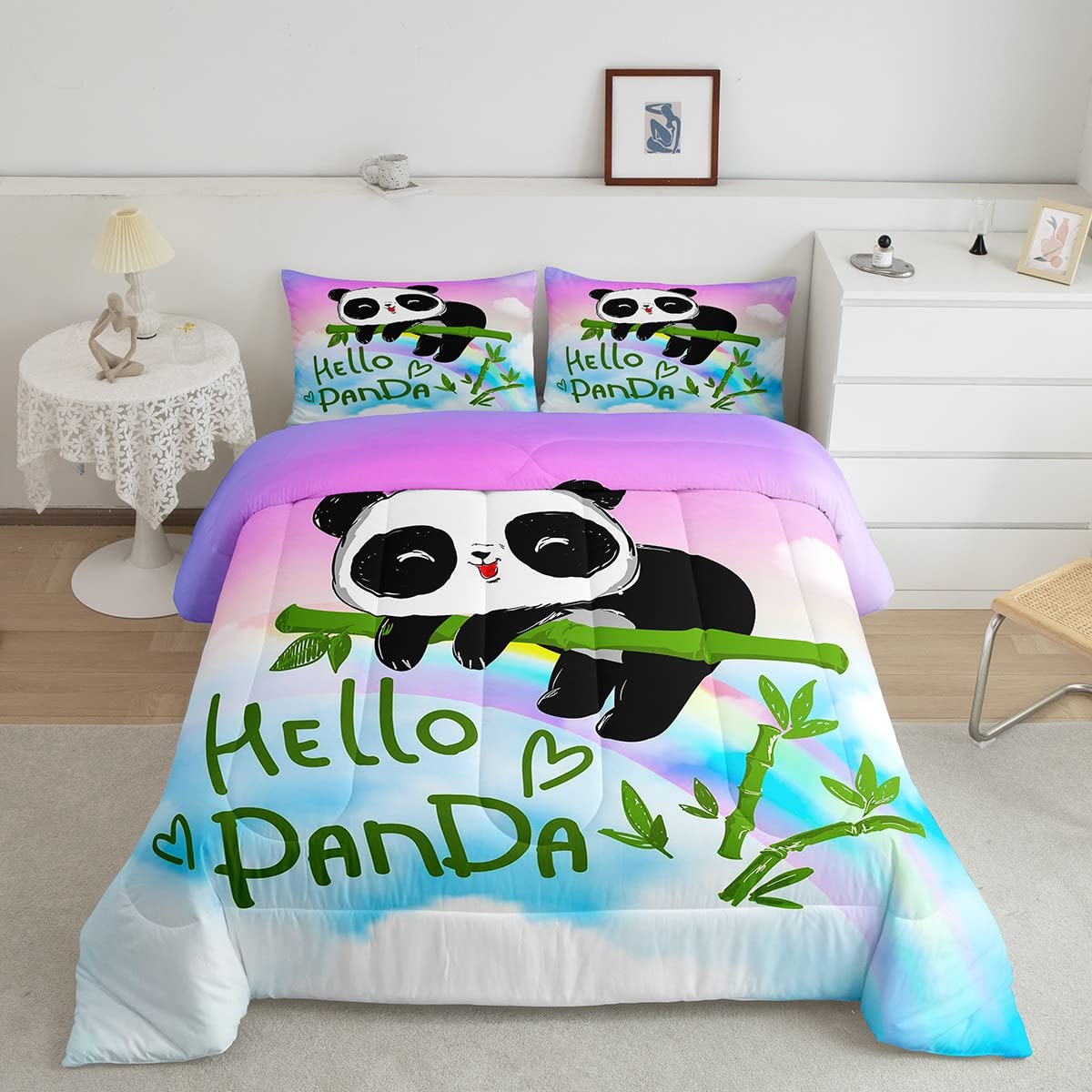 Erosebridal Kawaii Panda Comforter Set - Rainbow Galaxy Bedding with Green Duvet & Pink Cloud Design, Cute Animal Quilt 3 Piece Set (1 Comforter + 2 Pillowcases) | Lightweight & Colorful for Kids Room, Teen Bedroom Decor or Anime Themed Bedding