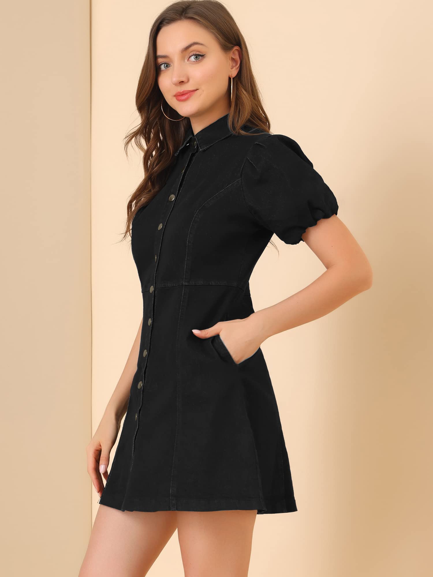Allegra K Women's Denim Dress with Button Down Pockets, Puff Sleeves & Collar - Casual Jean Dress for Spring Summer Outfits, Date Night & Office Wear