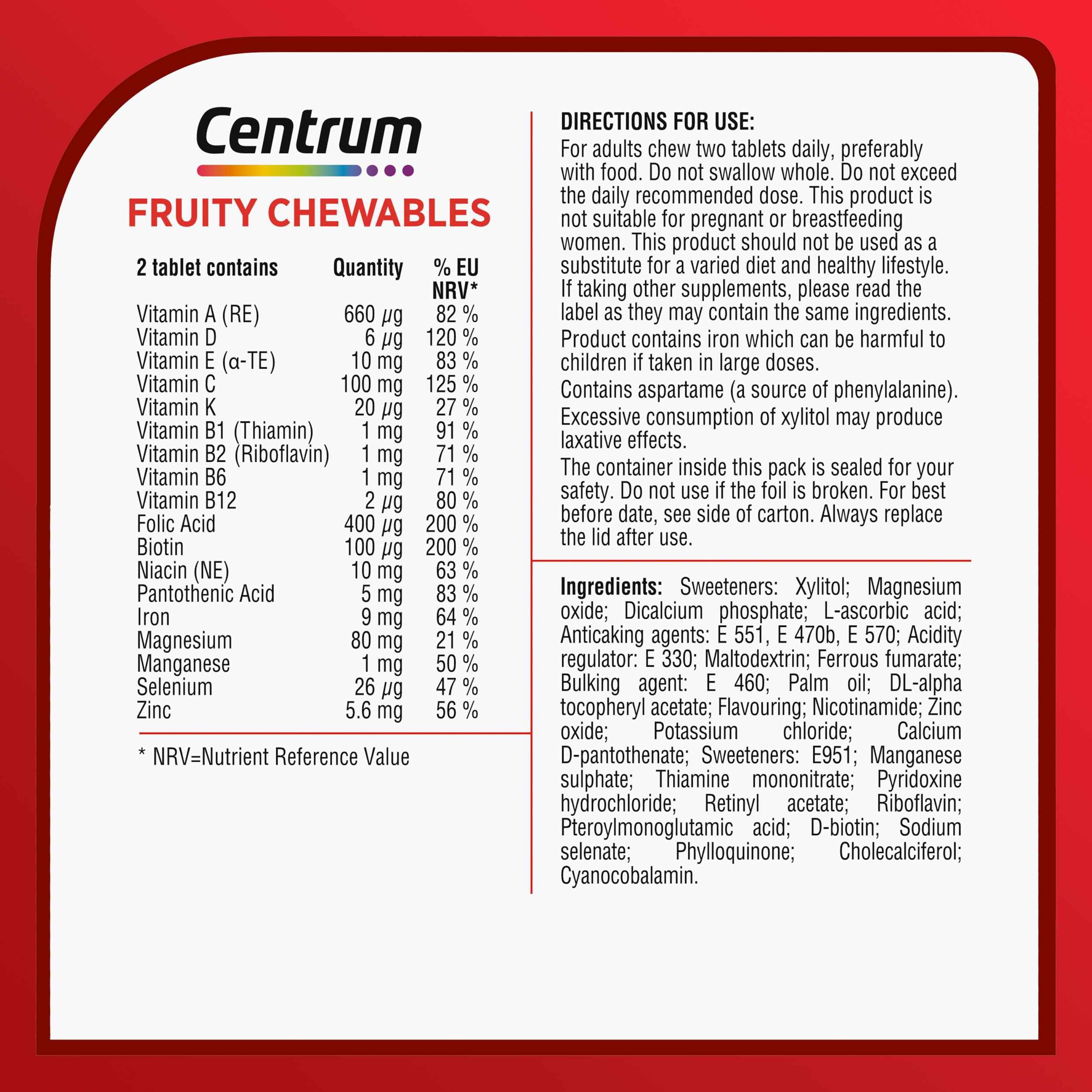 Centrum Fruity Chewables Multivitamin for Adults - 30 Chewable Tablets with Vitamin C, D, Zinc & 10 Essential Nutrients | Immune Support, Energy Boost | Perfect for Busy Professionals & Active Lifestyles