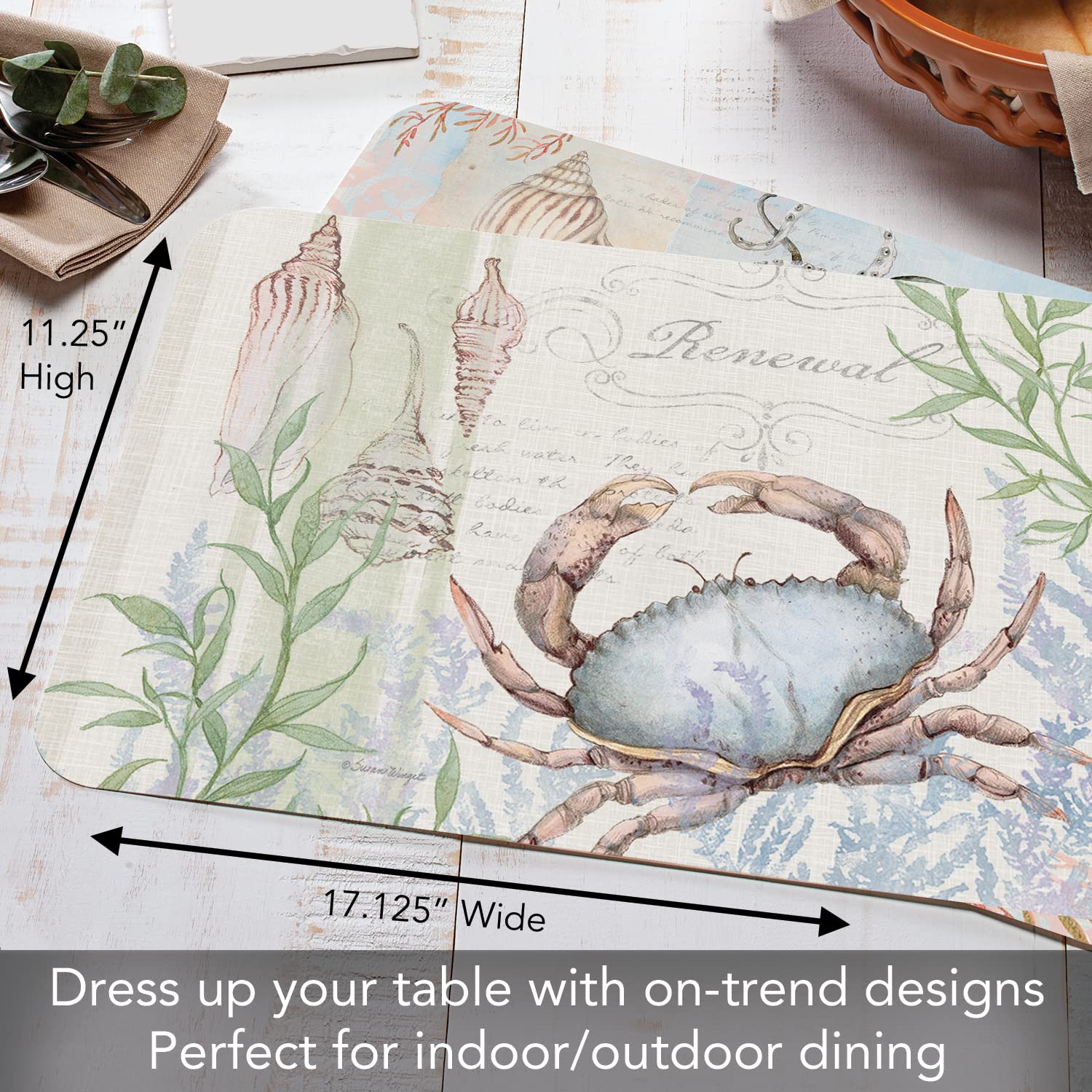 CounterArt Caribbean Sea Crab 4 Pack Reversible Plastic Placemats - BPA Free, Dishwasher Safe, Easy Wipe Clean - USA Made for Dining Table, Kitchen, Party & Outdoor Use