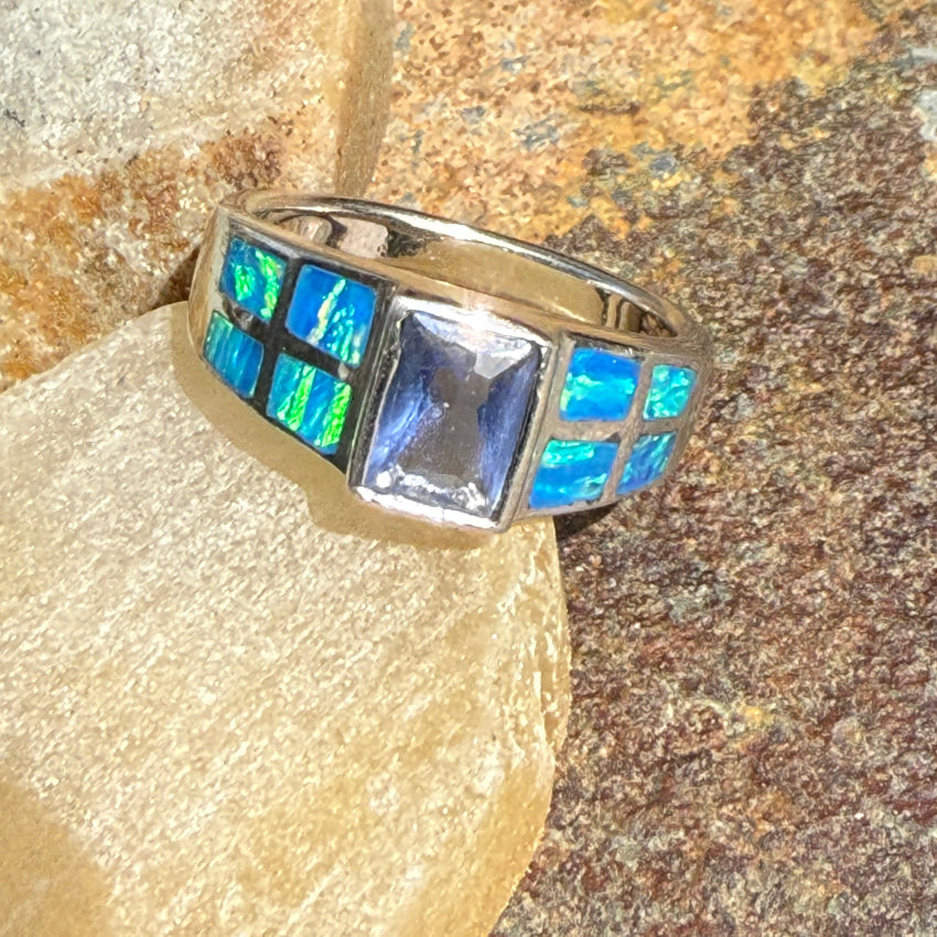 14K Sterling Silver Tanzanite & Opal Ring - Size 8 for Women | Elegant Birthstone Jewelry for Anniversary, Engagement & Special Occasions