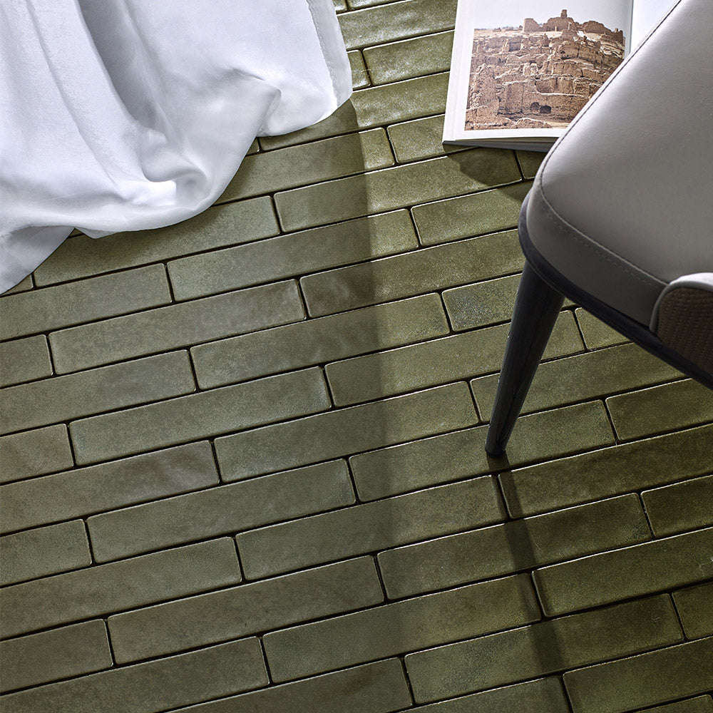 Handmade Mykonos Moss Green 50X250 Zellige Matte Subway Tile - Perfect for Kitchen Backsplash, Bathroom Walls & Mediterranean Style Home Decor