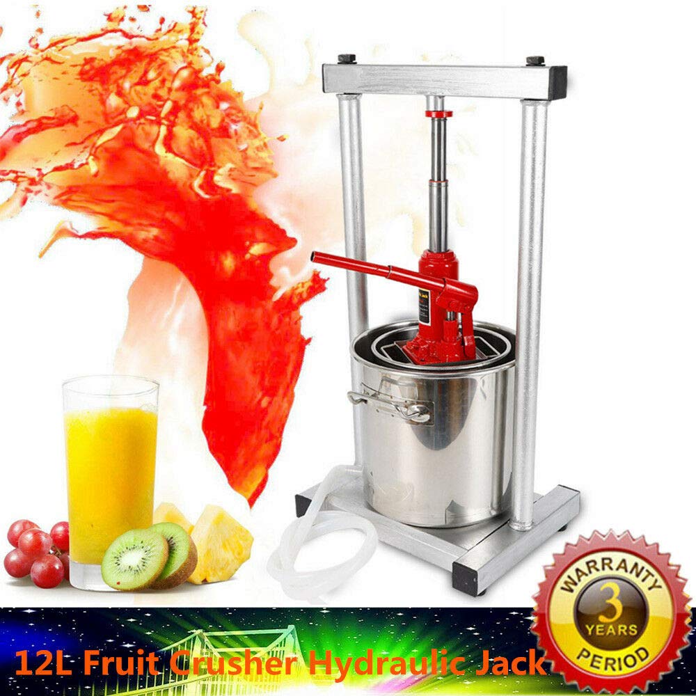 12L Stainless Steel Fruit Crusher & Wine Juice Press - Manual Grape Pulp Grinder, Apple Cider Juicer with Hydraulic Jack for Home Brewing & Winemaking