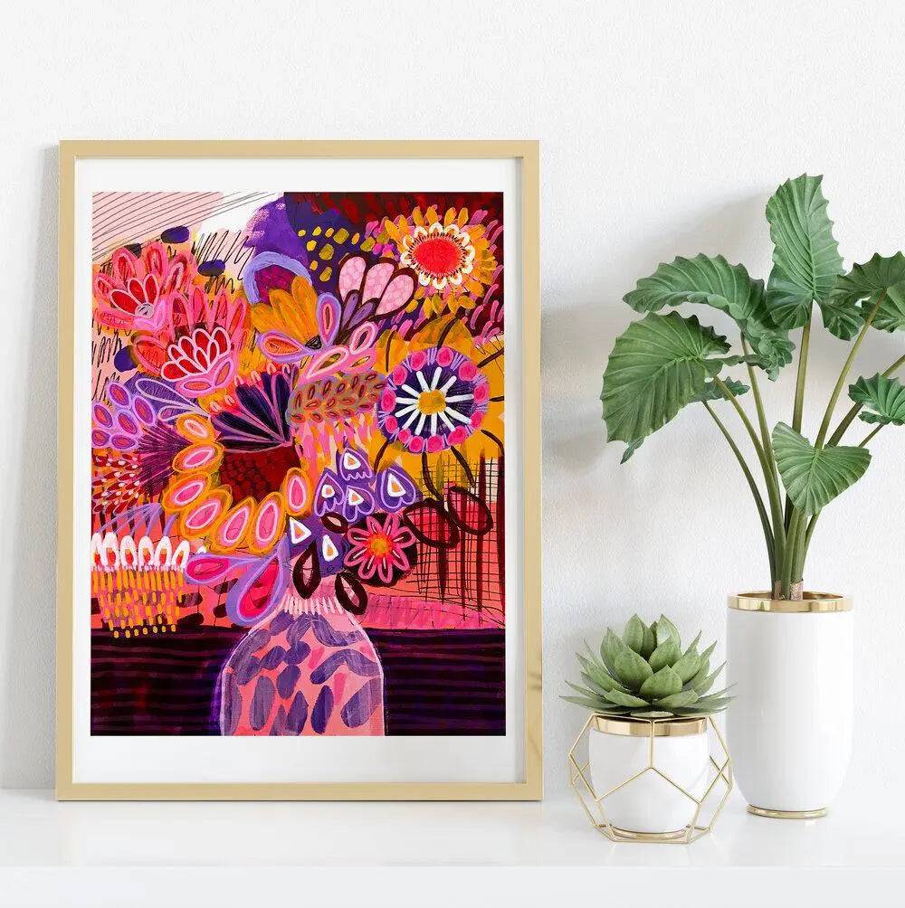 Abstract Flowers in Pink Vase Wall Art Print - Modern Home Decor for Living Room, Bedroom & Office