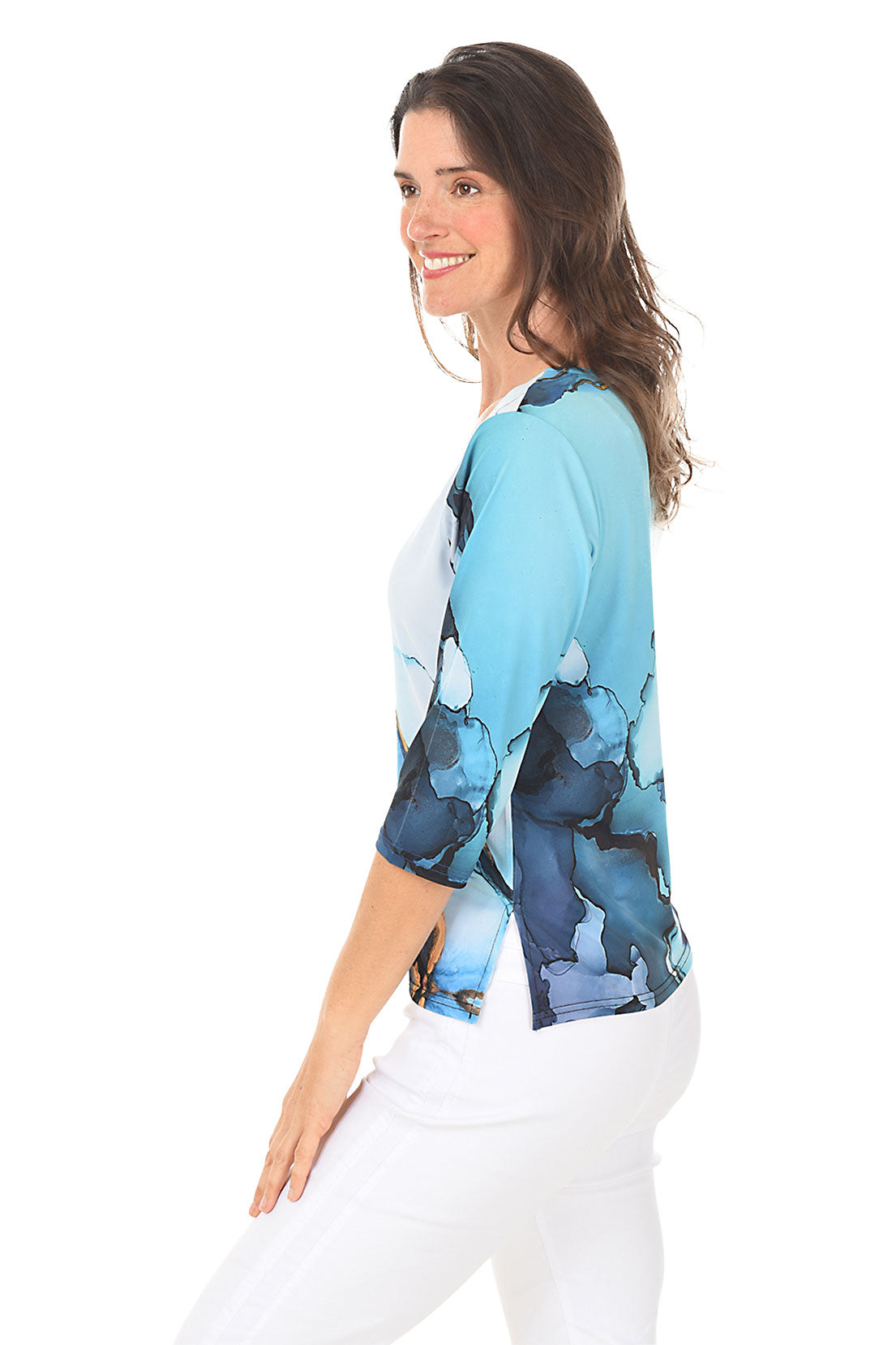 Blue Marble Knit Top for Women - Soft Casual Long Sleeve T-Shirt | Perfect for Fall & Winter Layering, Office Wear & Weekend Outfits
