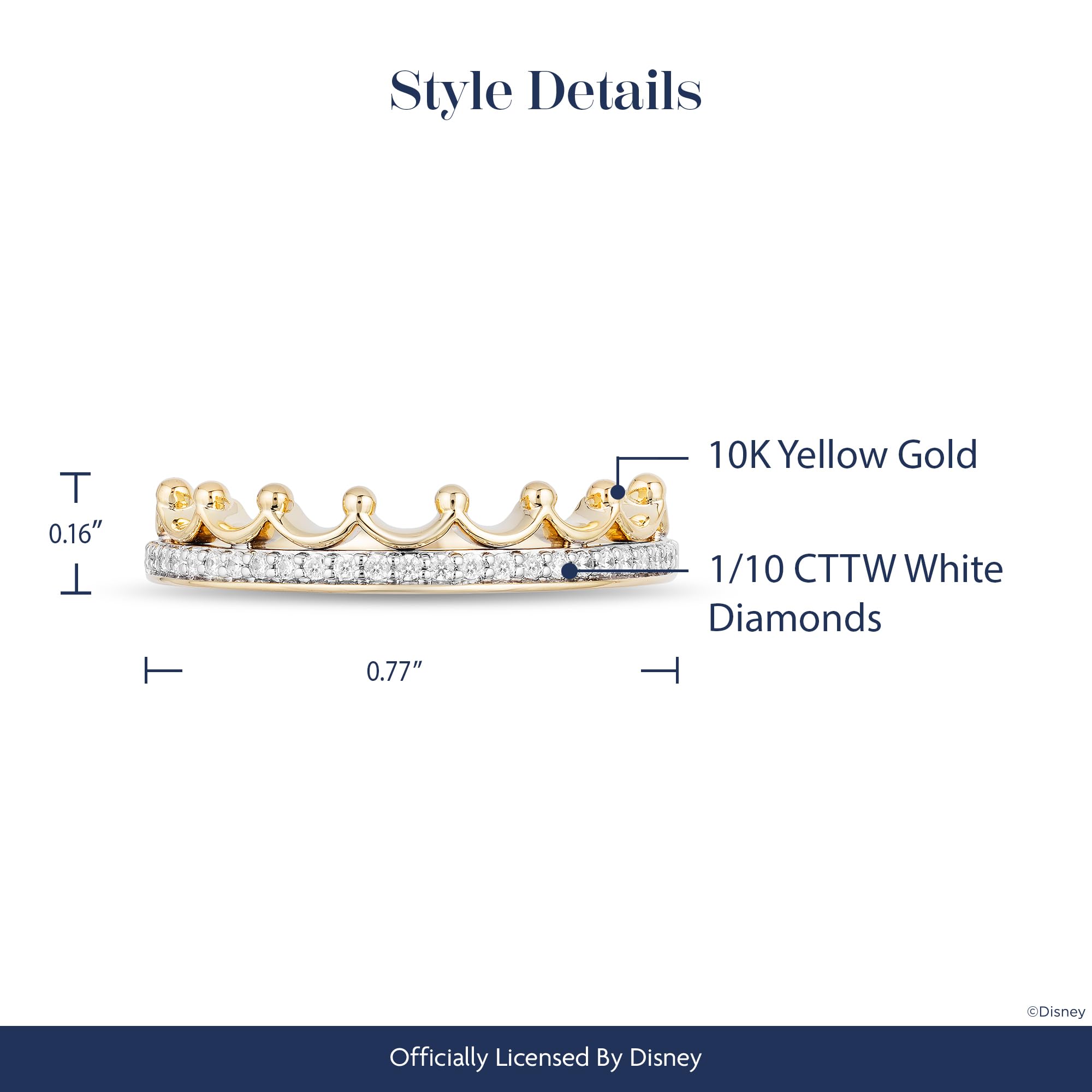 Enchanted Disney Princess Tiara Ring - 10K Yellow Gold with 1/10 CTW Diamonds | Elegant Jewelry for Women | Perfect for Weddings, Prom & Special Occasions
