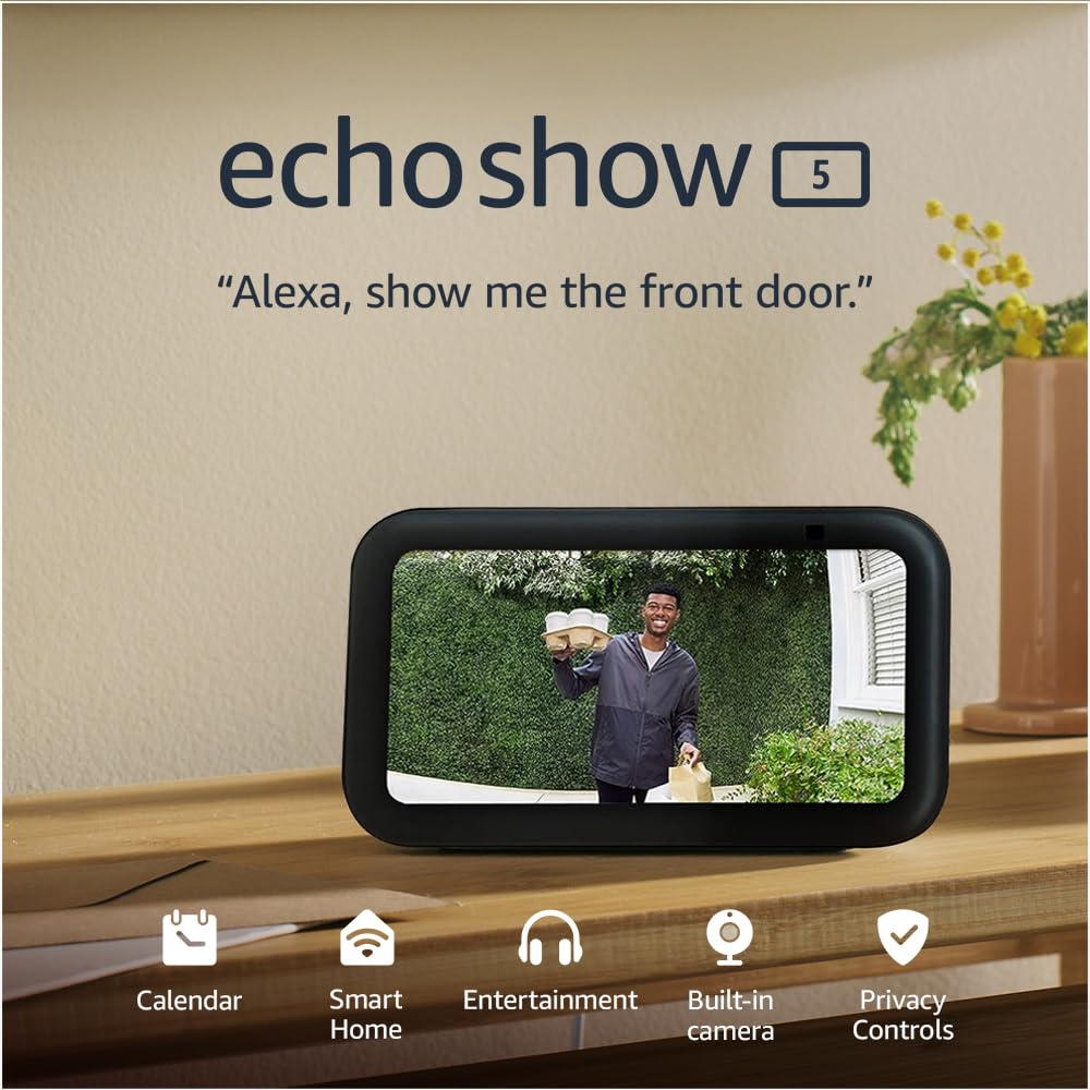 Echo Show 5 (2nd Gen, 2023 Release) - Smart Display with Alexa, HD Touchscreen & Enhanced Sound - Charcoal - Perfect for Bedroom, Kitchen & Home Office