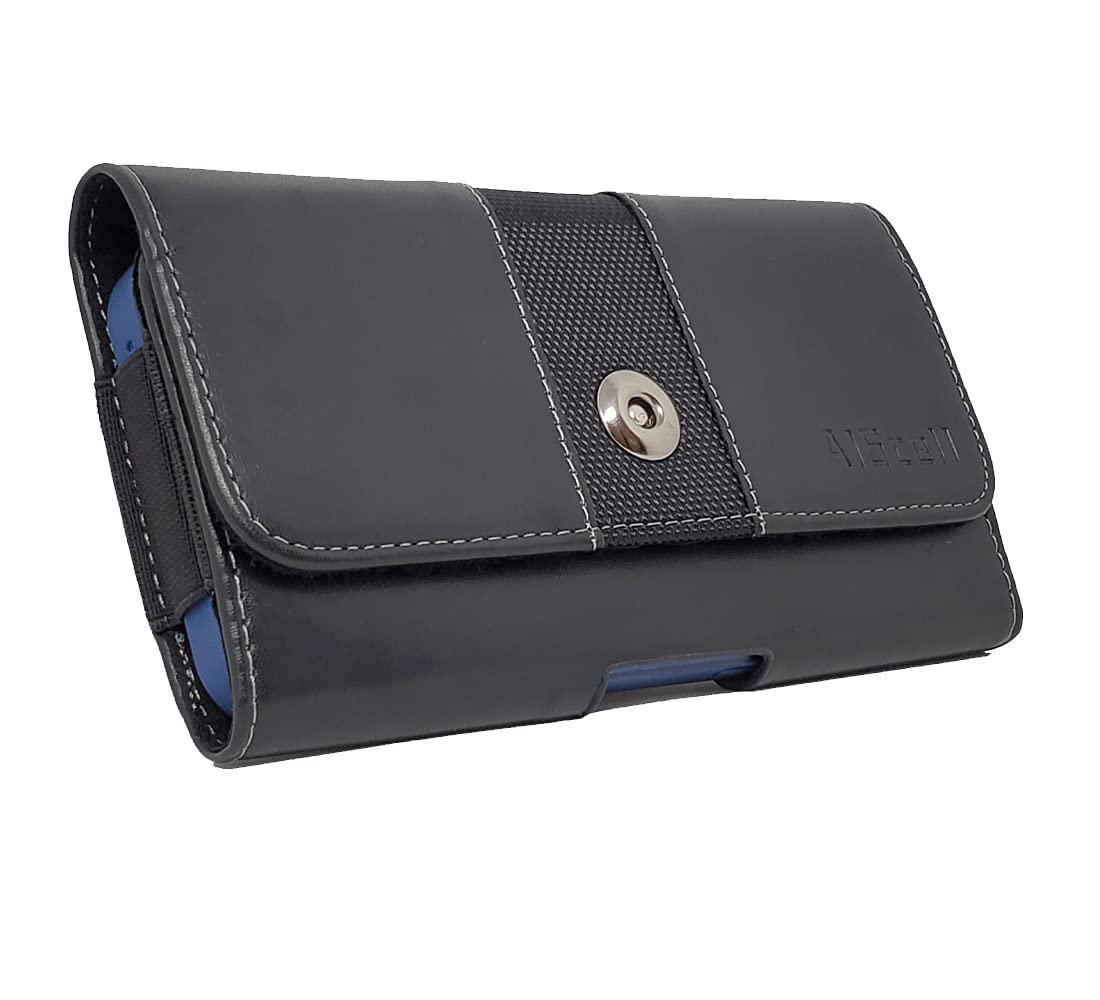 Premium Black Pebbled Leather Horizontal Clip Holster Case for iPhone 16 Pro Max/16 Plus/15 Pro Max/15 Plus/14 Plus/14 Pro Max/13 Pro Max/12 Pro Max - Slim Protective Pouch with Belt Clip | Perfect for Work, Travel & Outdoor Activities