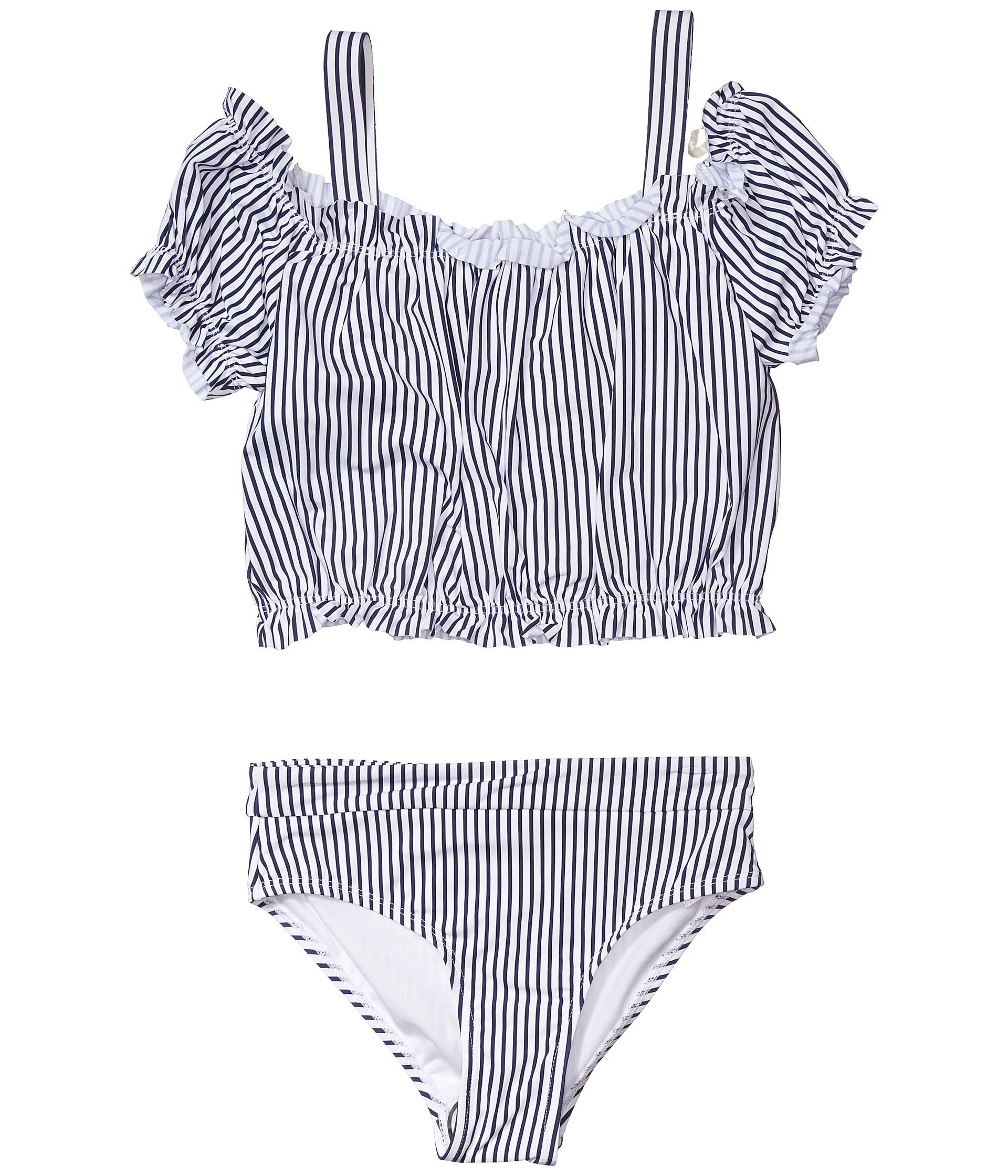 HABITUAL Girl's Off-The-Shoulder Two-Piece Swimsuit for Big Kids (7-8 Years) - Striped Bikini Set for Beach, Pool & Summer Vacations