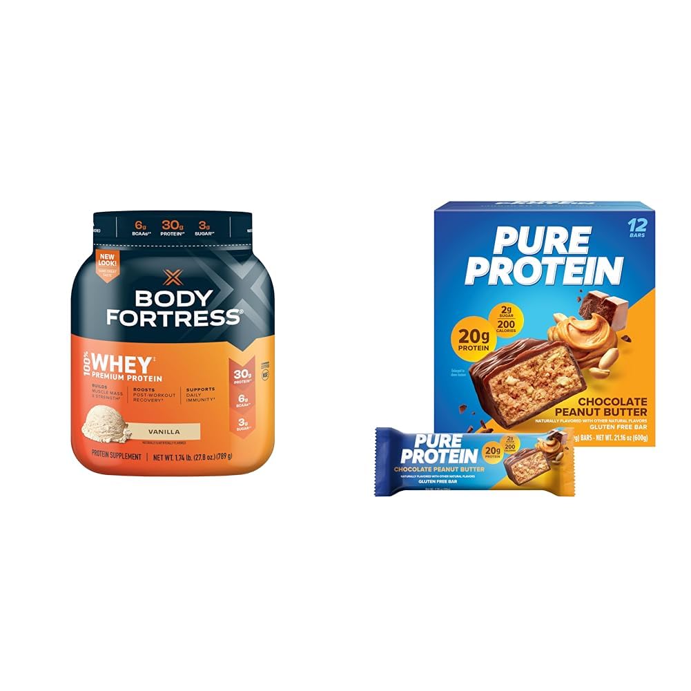 Body Fortress 100% Whey Protein Powder Vanilla 1.74lbs & Pure Protein Bars Chocolate Peanut Butter 12 Count 1.76oz - Post Workout Recovery & Muscle Building Supplement for Athletes & Fitness Enthusiasts