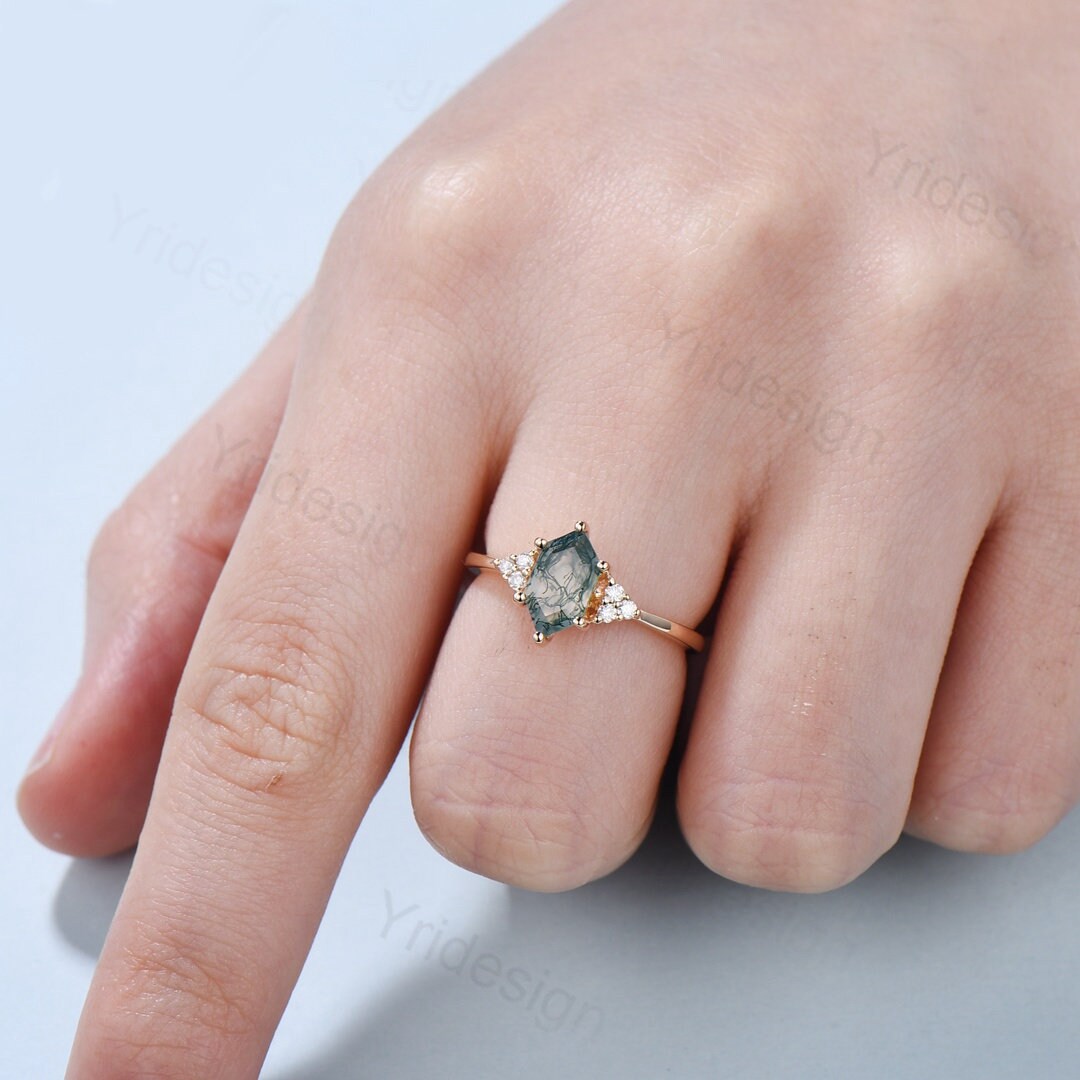 Vintage Gold Moss Agate Hexagon Ring with Moissanite Cluster - Art Deco Engagement, Wedding & Promise Ring for Women - Perfect for Bridal Jewelry, Anniversary Gifts & Special Occasions