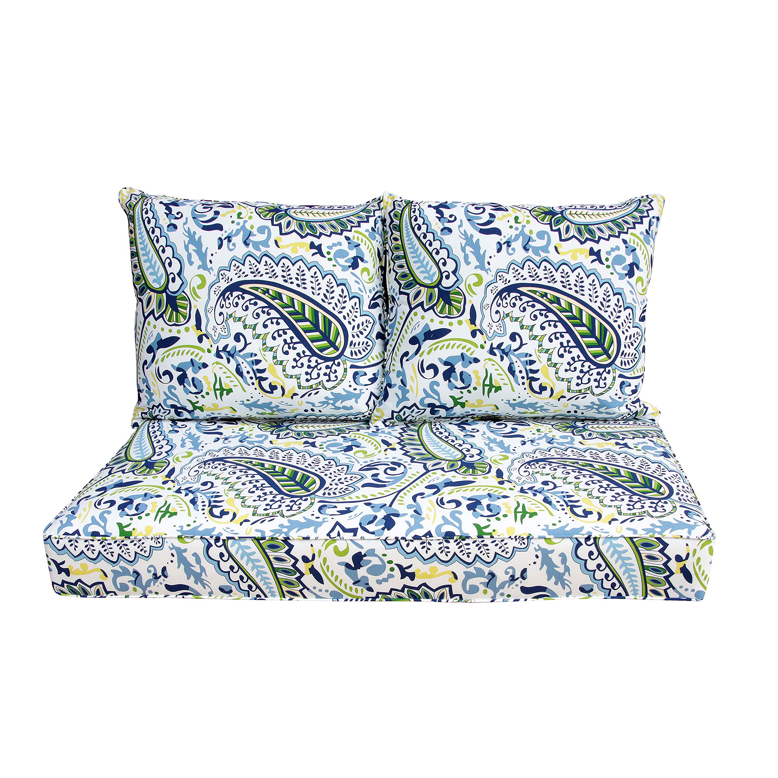 BOSSIMA Patio Furniture Cushions - Deep Seat Loveseat Cushion Set for Indoor & Outdoor Use, Comfortable Green/Blue Paisley Design - Perfect for Garden, Poolside, Deck, and Patio Seating