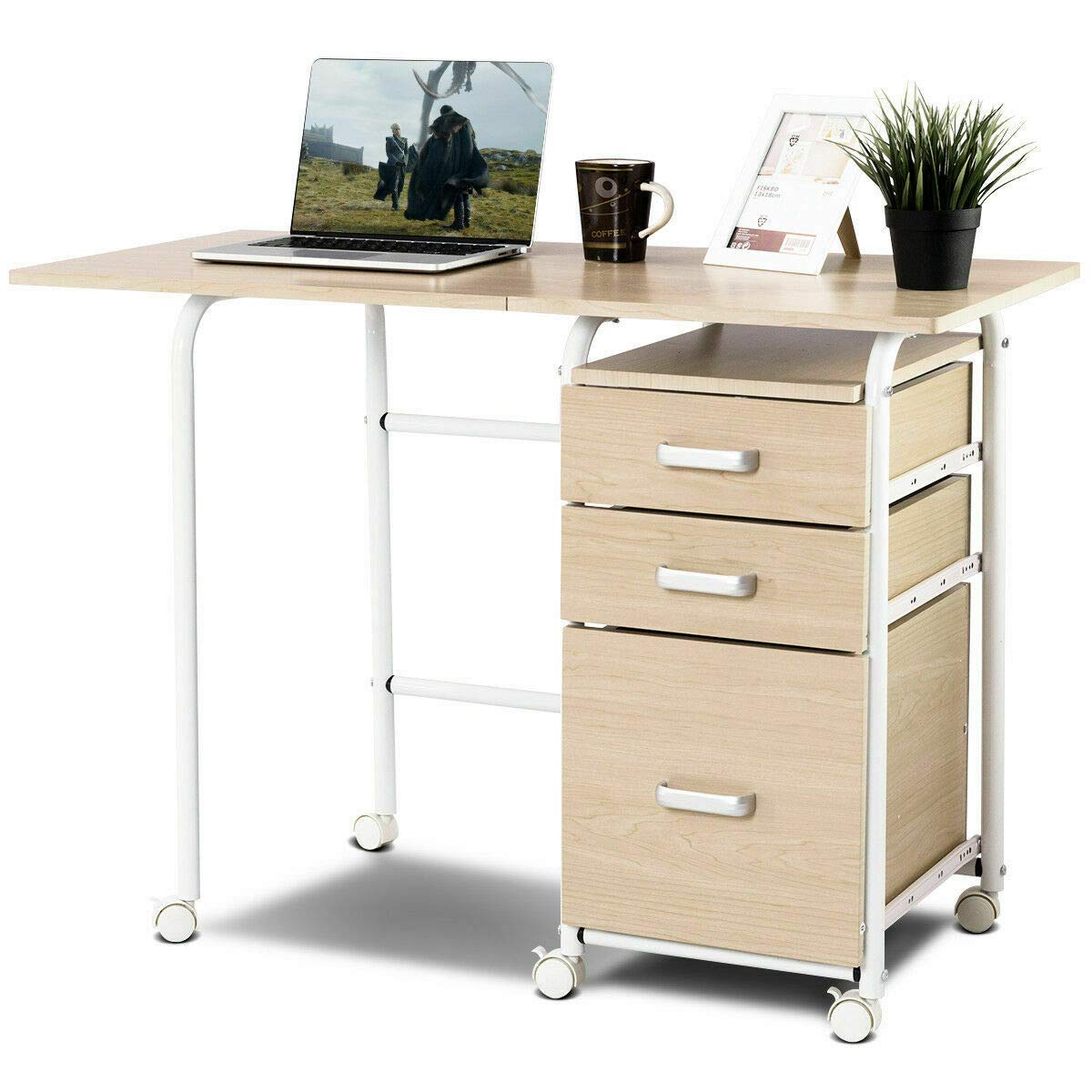 Walomes Adjustable Folding Laptop Desk with Wheels & 3 Drawers - Mobile Home Office Computer Desk for Small Spaces, Bed, Couch, or Dorm Room Use