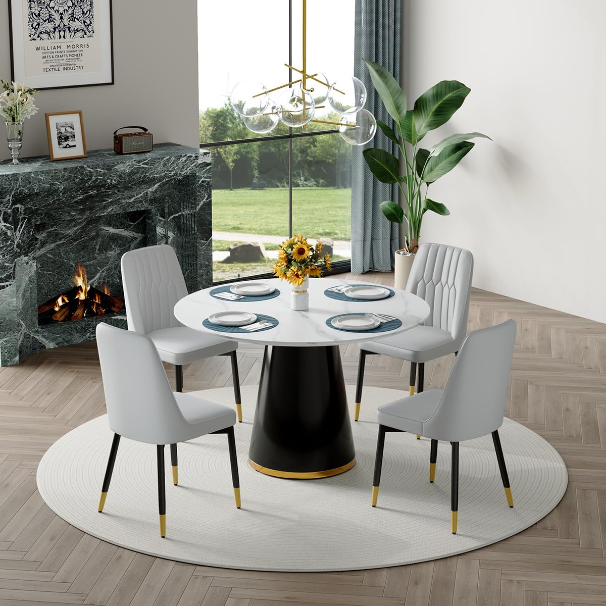 Round Dining Table Set for 4 - 45 Inch White Small Space Kitchen Table with 4 Grey L Chairs | Compact Dining Room Furniture for Apartments, Breakfast Nooks & Cozy Living Rooms