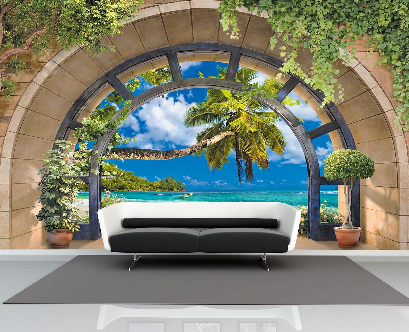 FLFK 3D Window Tropical Beach Palm Tree Peel and Stick Wall Mural - Self-Adhesive Wallpaper Poster for Bedroom, Living Room & Home Decor (118
